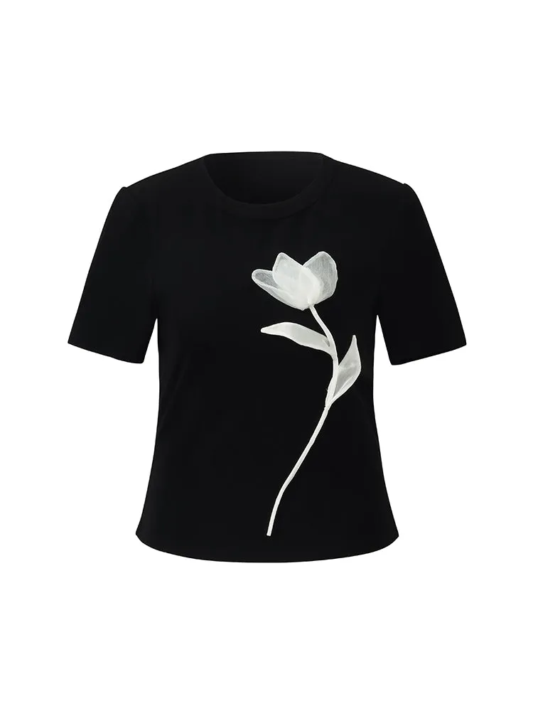 3D Rose T-Shirt And Ruched Skirt Two-Piece Set