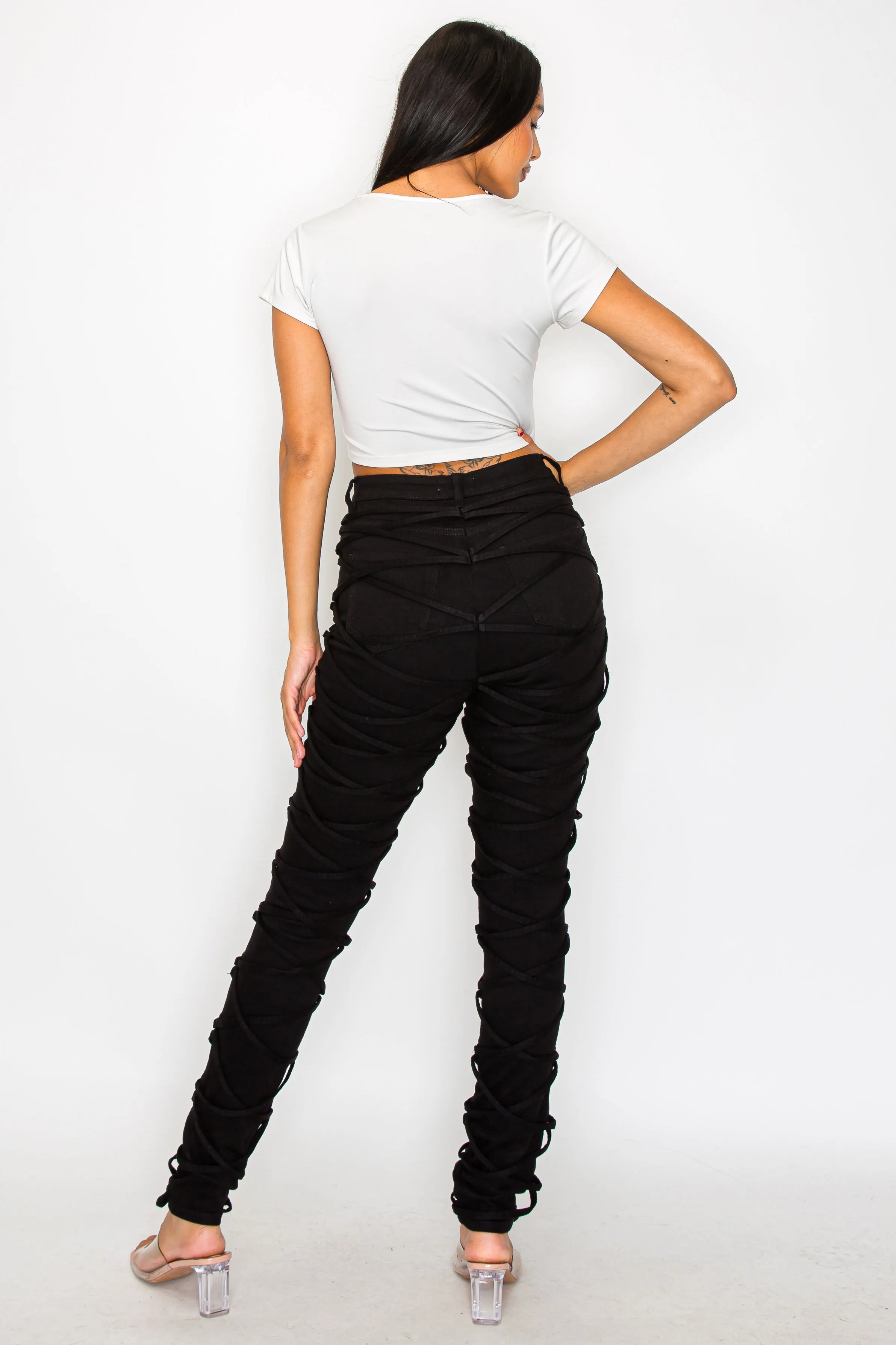 40625 Women's High Rise Crisscross Strapped Skinny Jeans