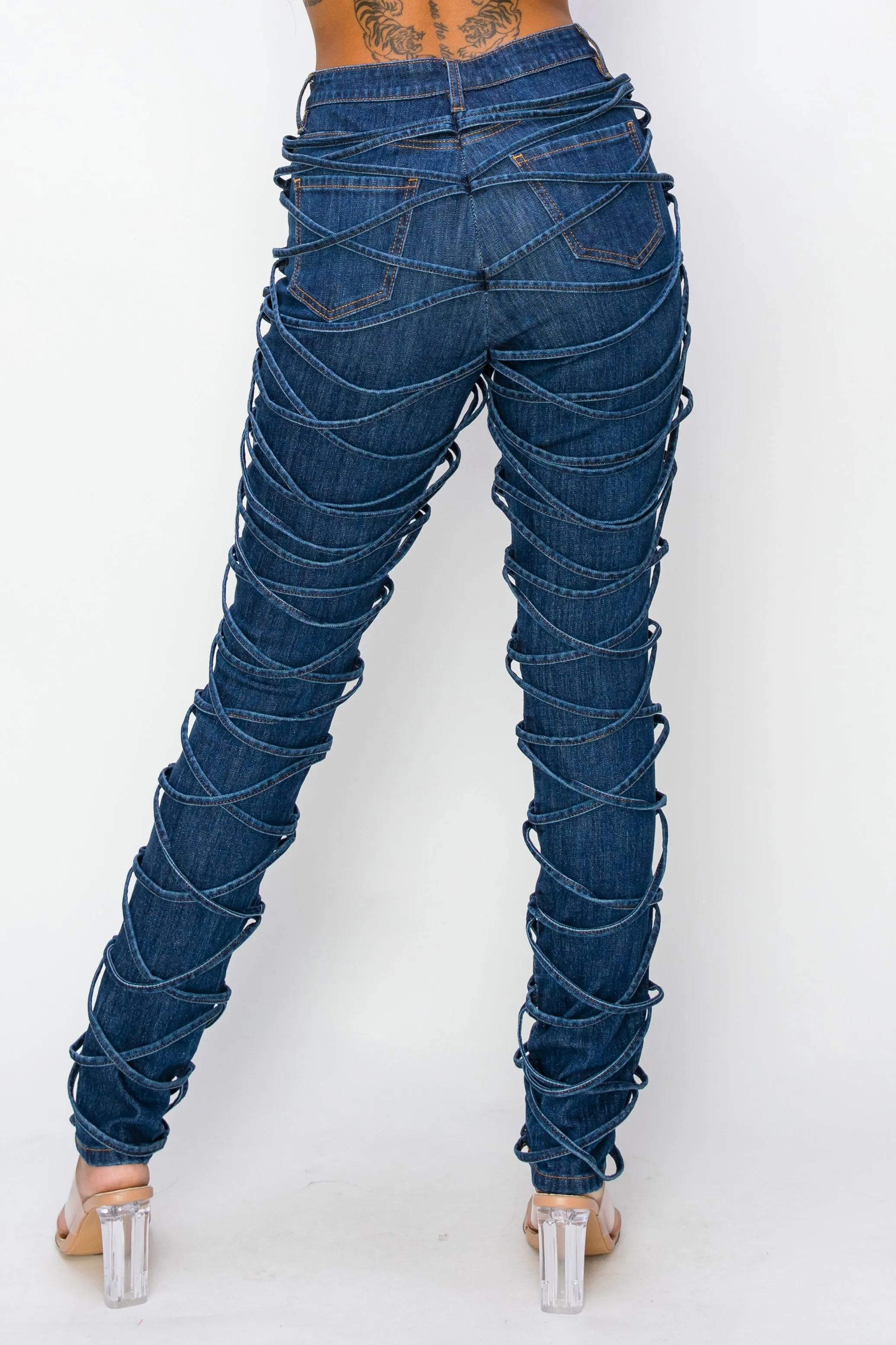 40625 Women's High Rise Crisscross Strapped Skinny Jeans