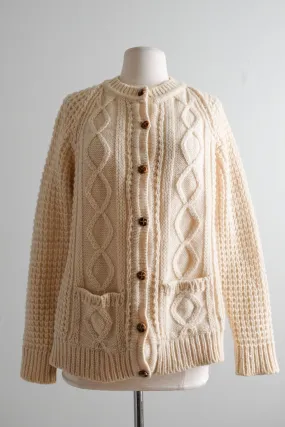 Adorable 1970's  Cable Knit Cream Aran Wool Cardigan Sweater / Sz M