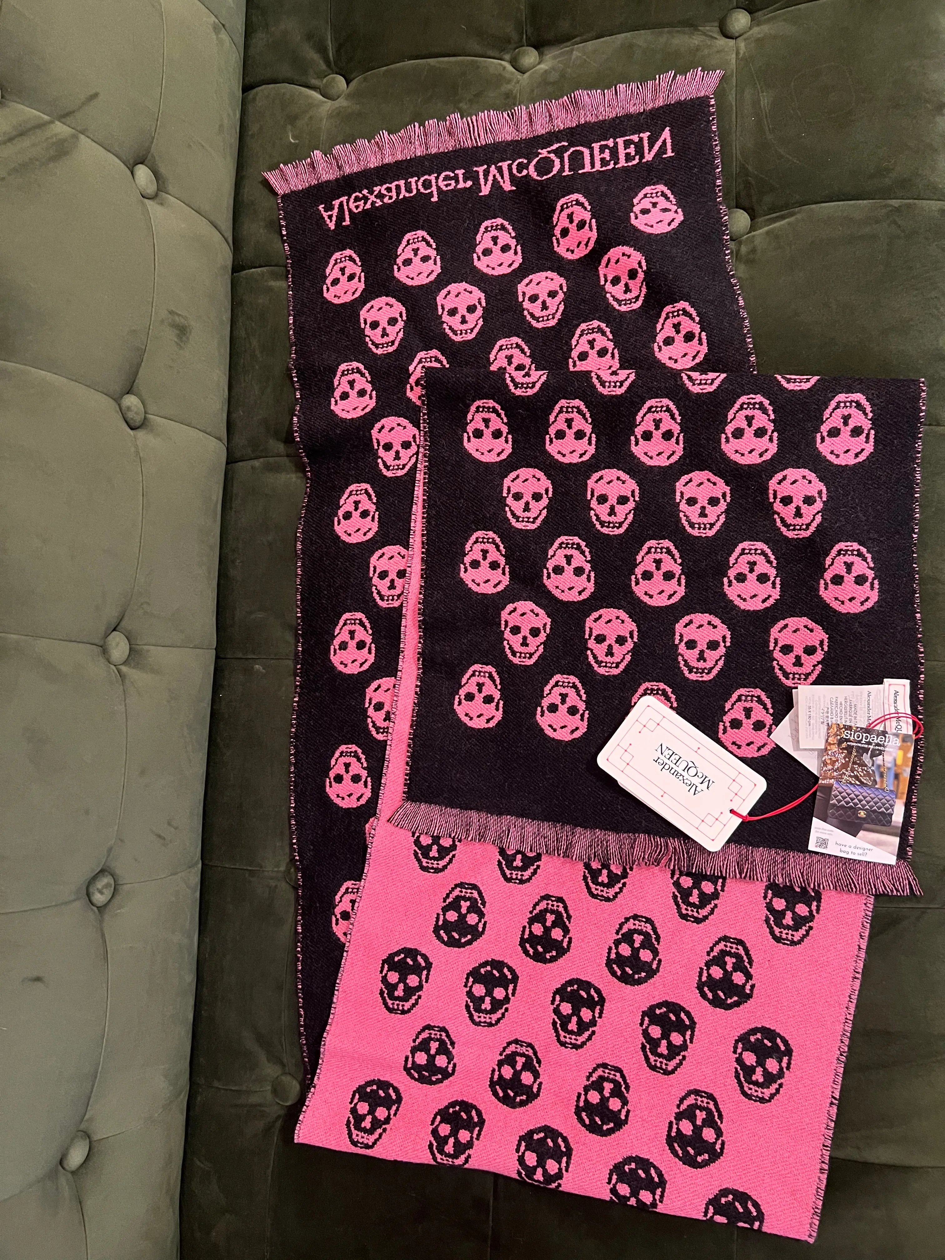 Alexander McQueen Pink & Black Skull Print 100% Wool Scarf