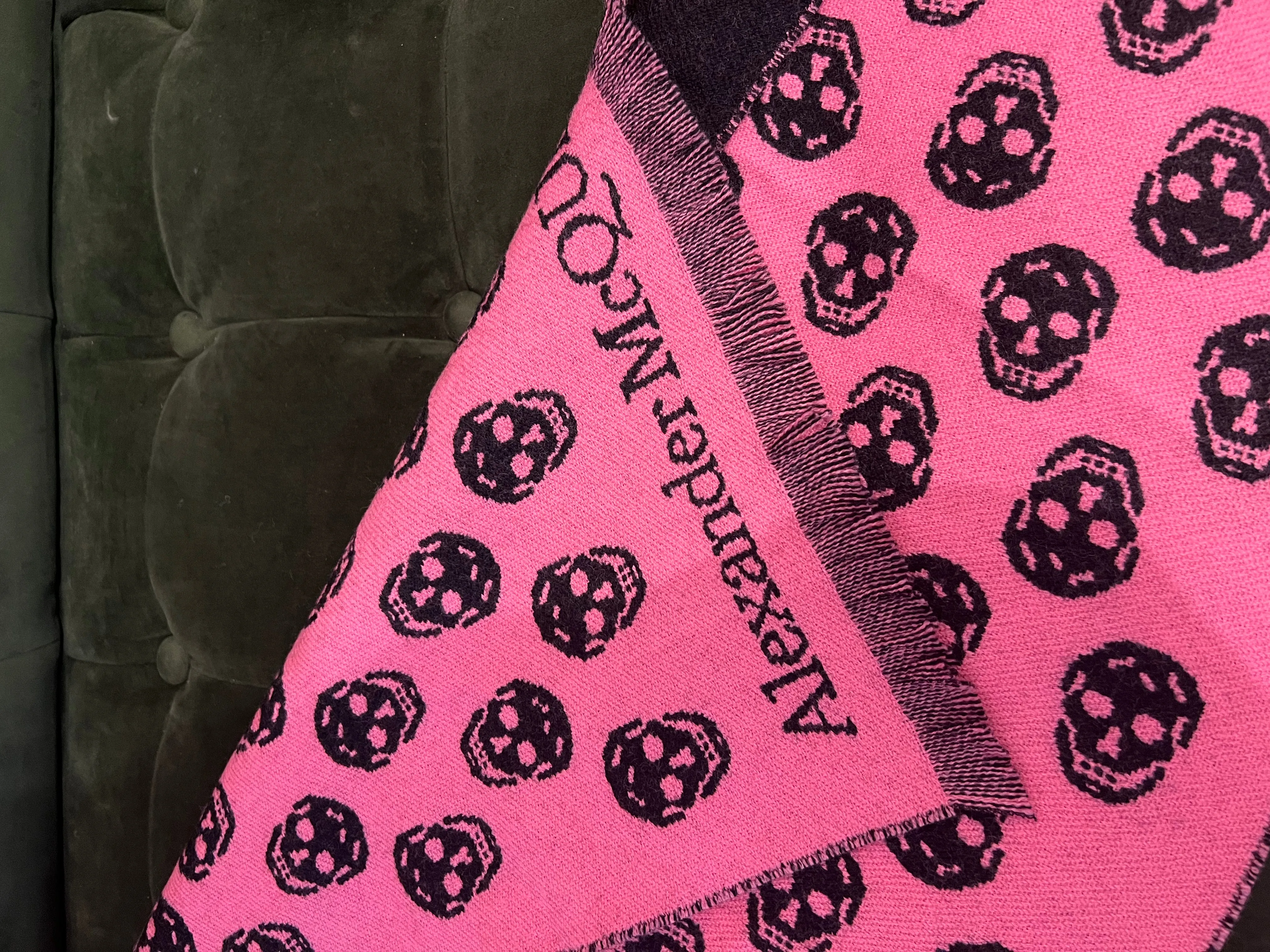 Alexander McQueen Pink & Black Skull Print 100% Wool Scarf