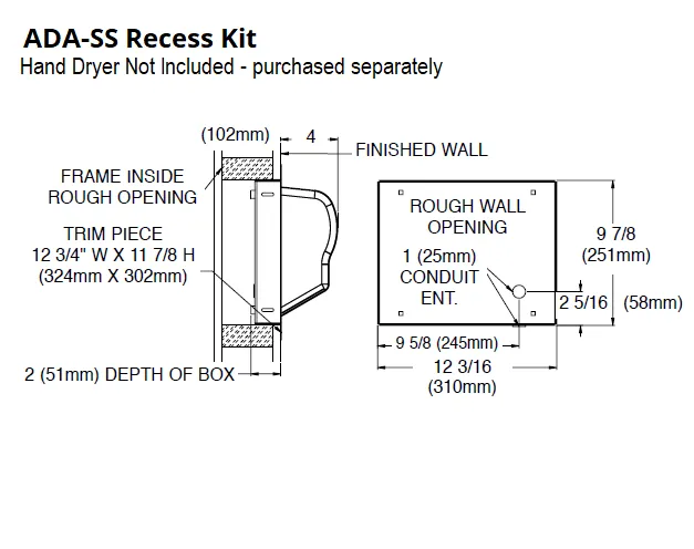AMERICAN DRYER® ADA-W Recess Kit (Wall Box   Face Plate) - Stainless Steel with White Epoxy (HAND DRYER NOT INCLUDED)