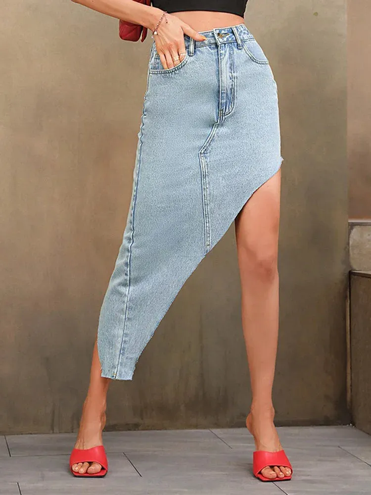 Asymmetrical Raw Hem High Low Denim Summer High Waist Fashion Skirt