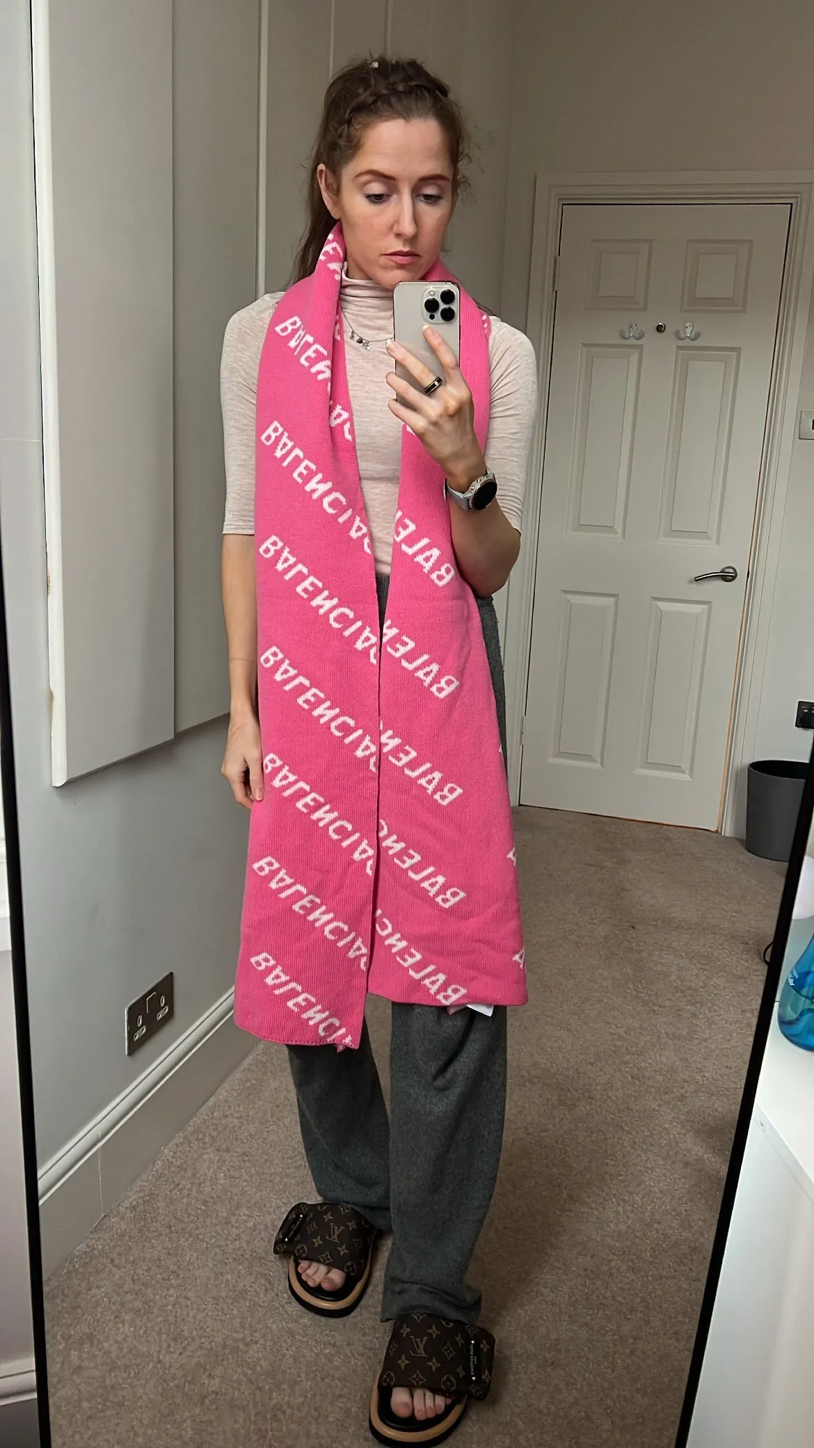 Balenciaga Allover Logo Macro Scarf in Pink and White Brushed Wool450