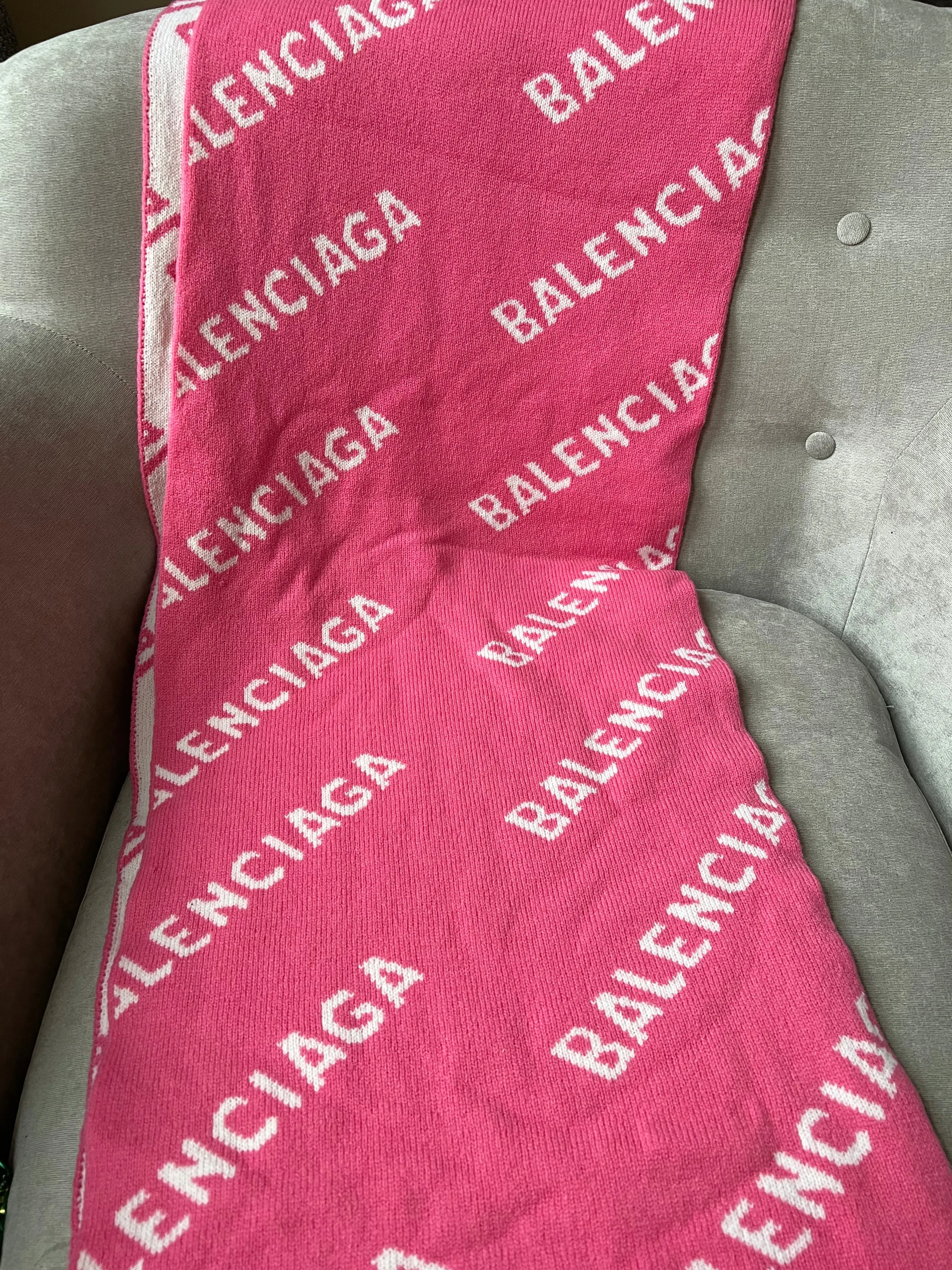Balenciaga Allover Logo Macro Scarf in Pink and White Brushed Wool450