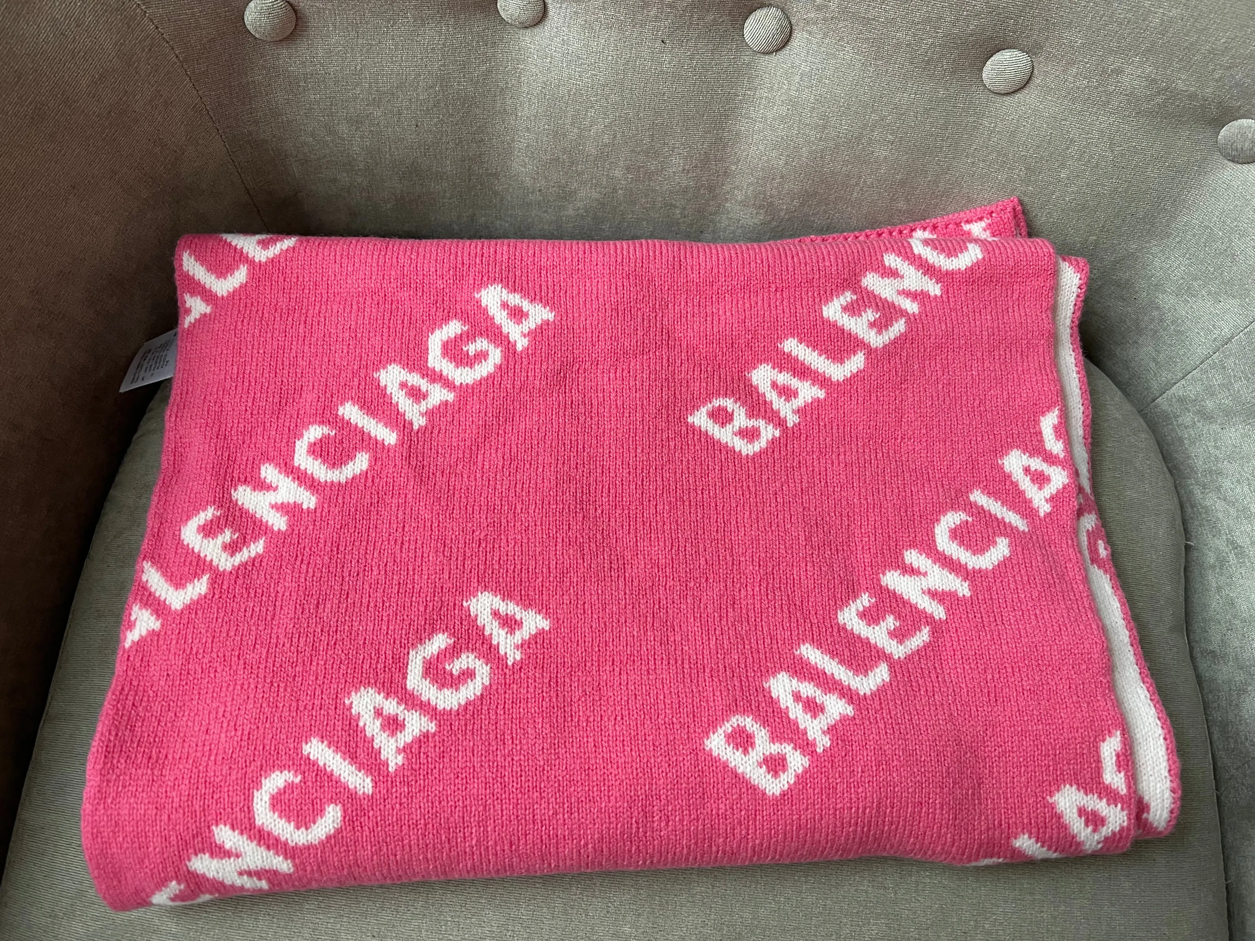 Balenciaga Allover Logo Macro Scarf in Pink and White Brushed Wool450