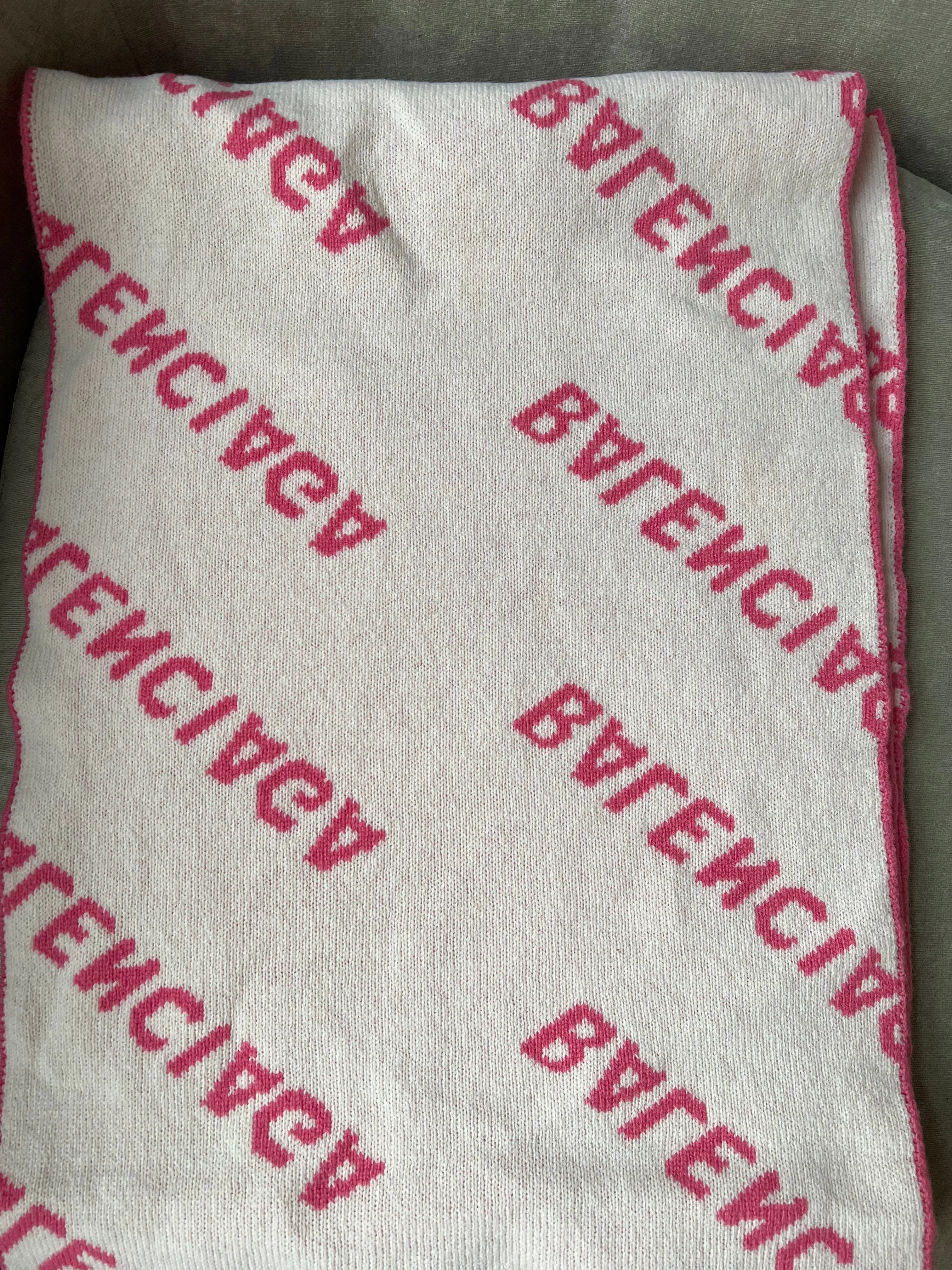 Balenciaga Allover Logo Macro Scarf in Pink and White Brushed Wool450