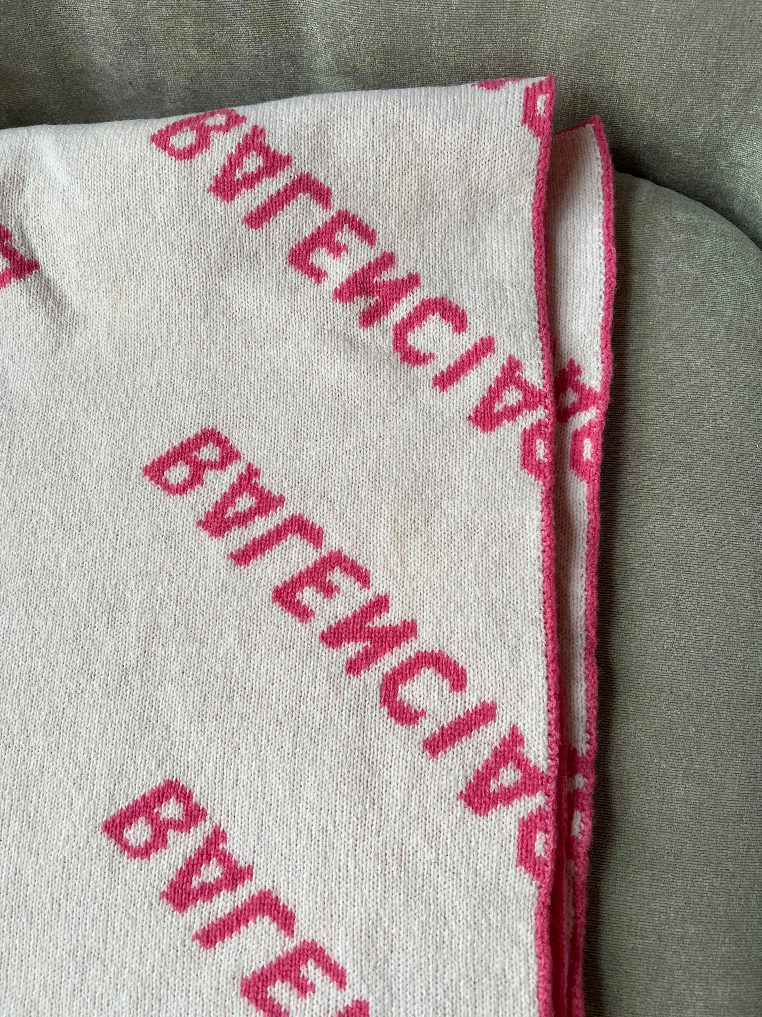 Balenciaga Allover Logo Macro Scarf in Pink and White Brushed Wool450
