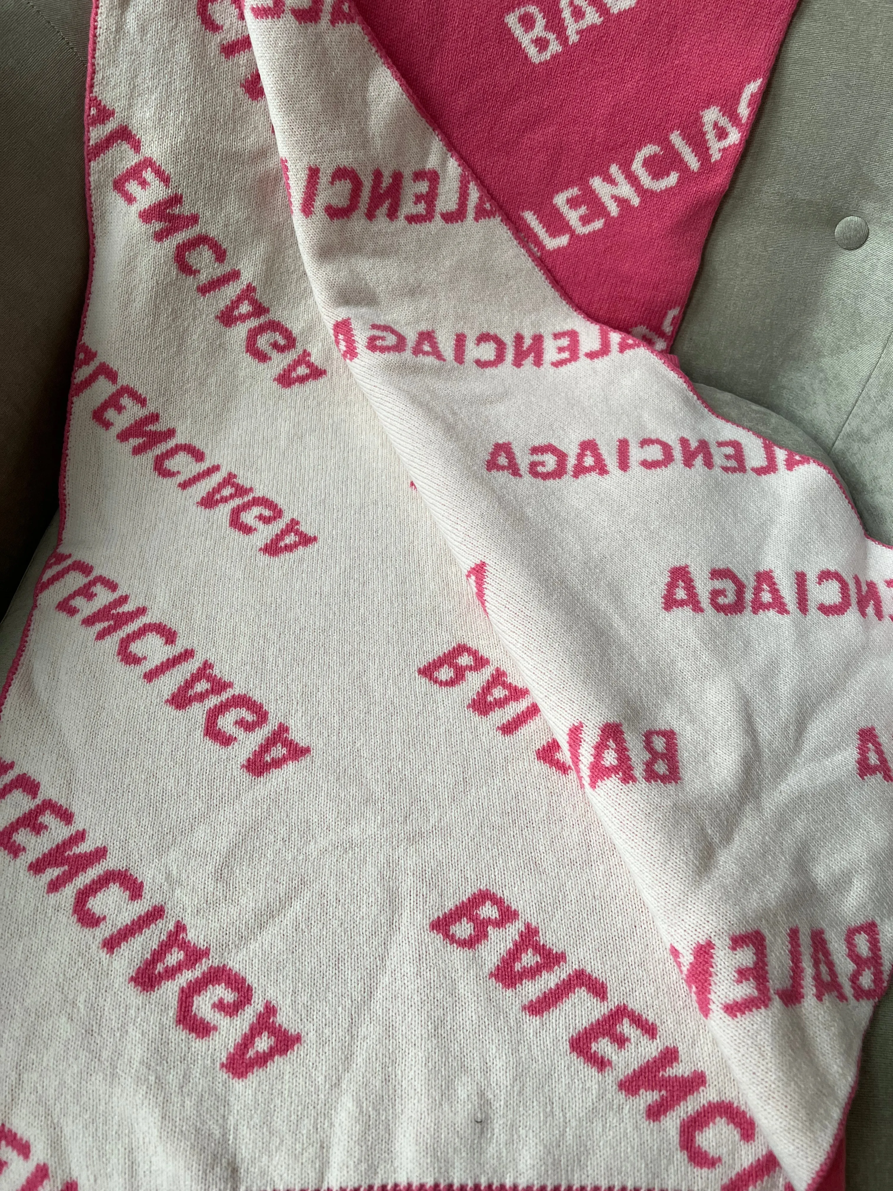 Balenciaga Allover Logo Macro Scarf in Pink and White Brushed Wool450