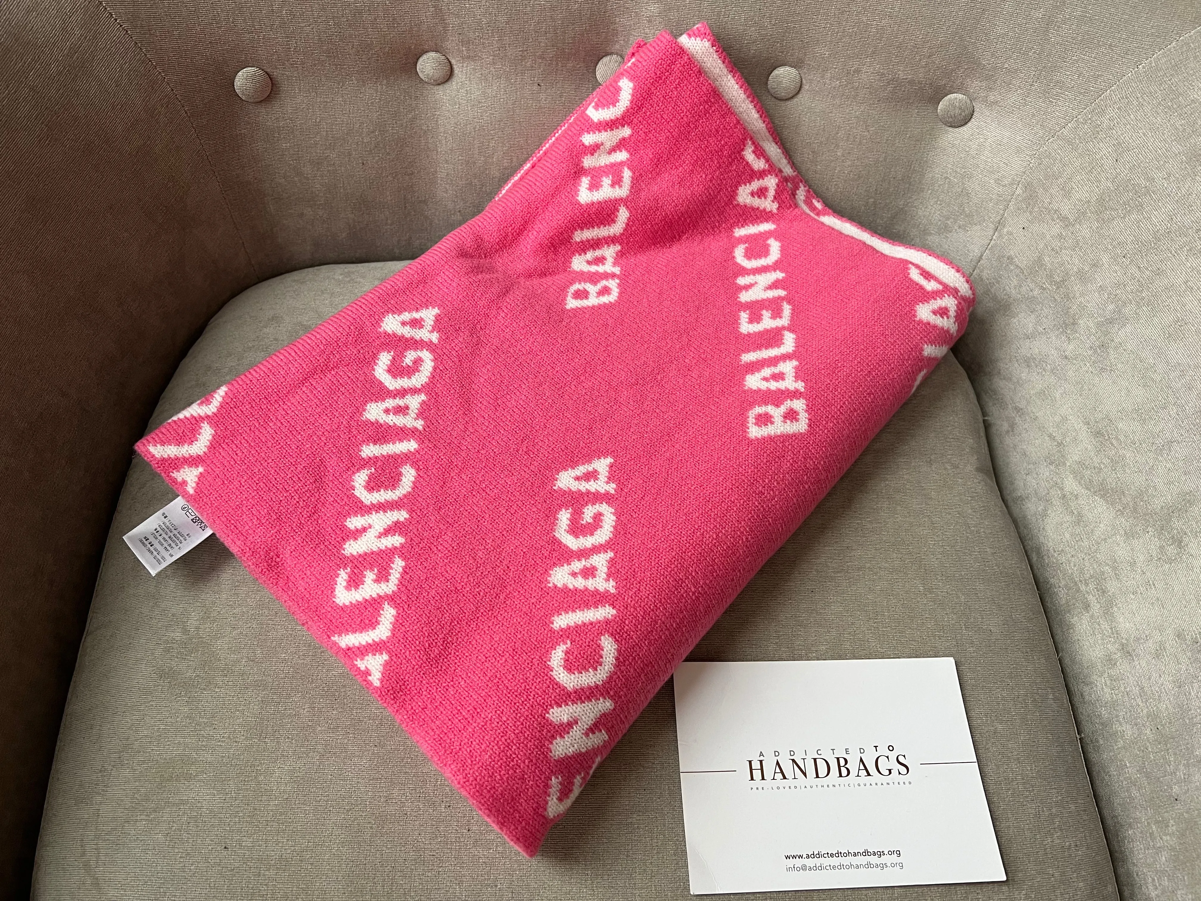 Balenciaga Allover Logo Macro Scarf in Pink and White Brushed Wool450