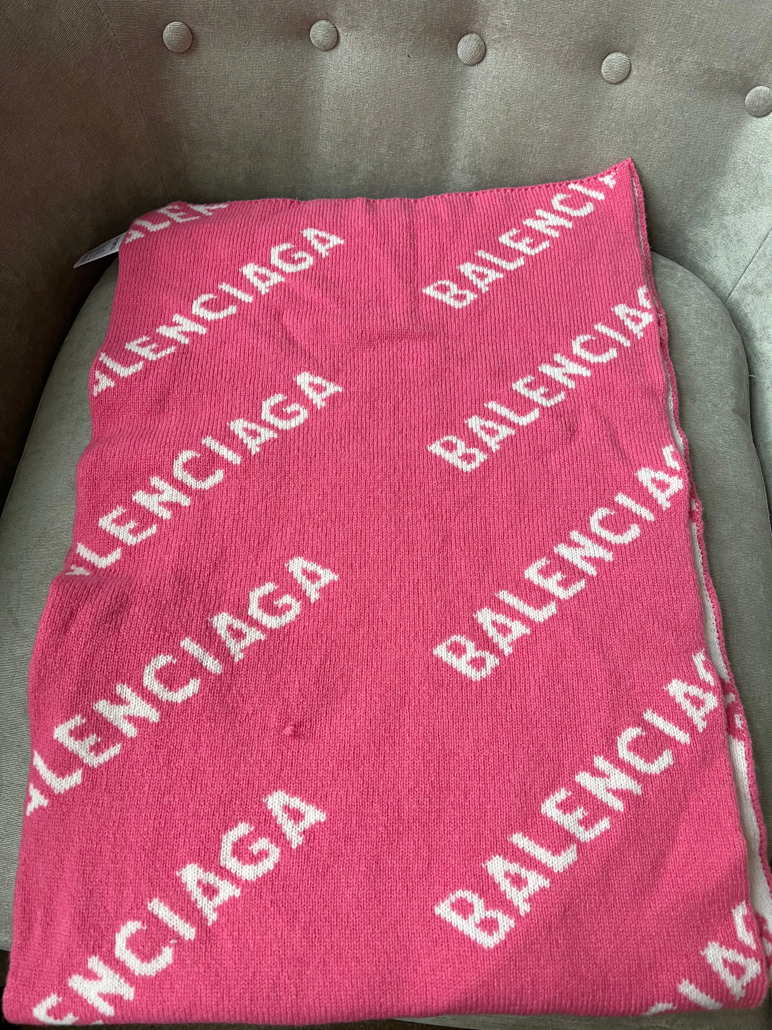 Balenciaga Allover Logo Macro Scarf in Pink and White Brushed Wool450