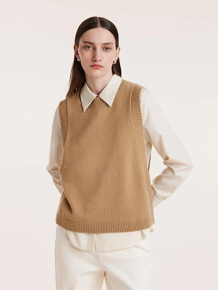 Beige Shirt And Knit Vest Two-Piece Set