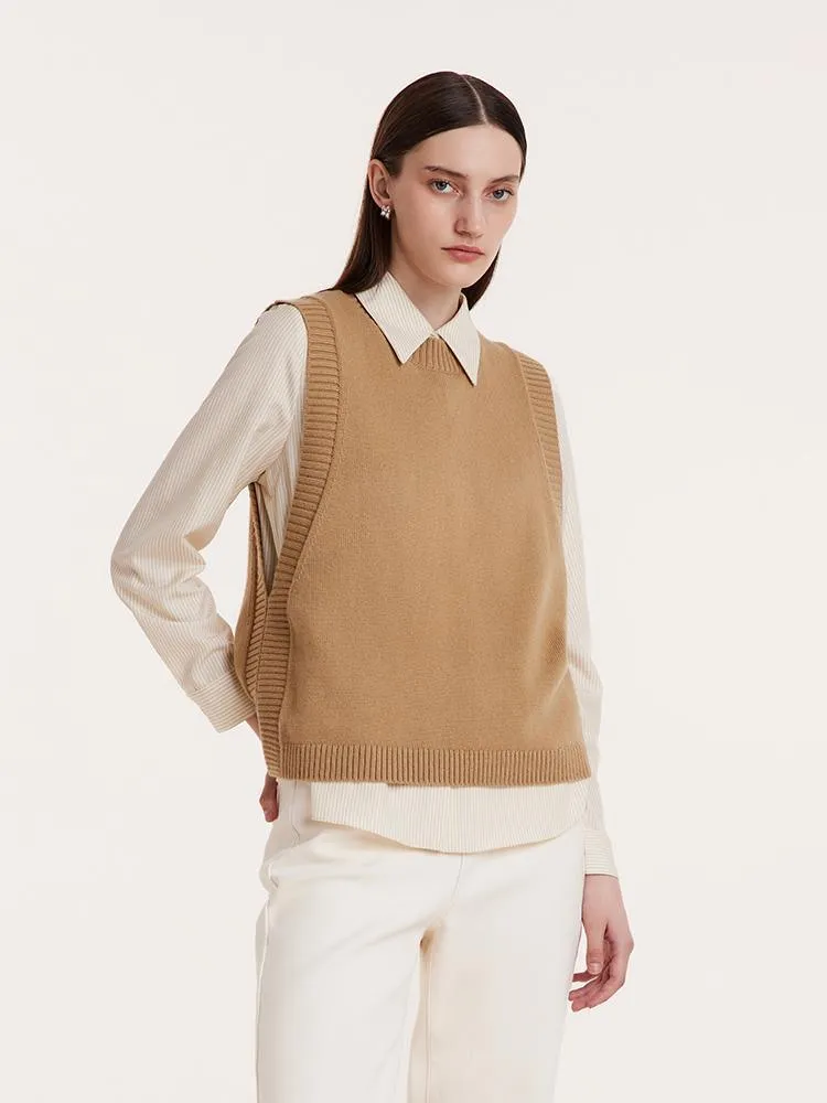 Beige Shirt And Knit Vest Two-Piece Set