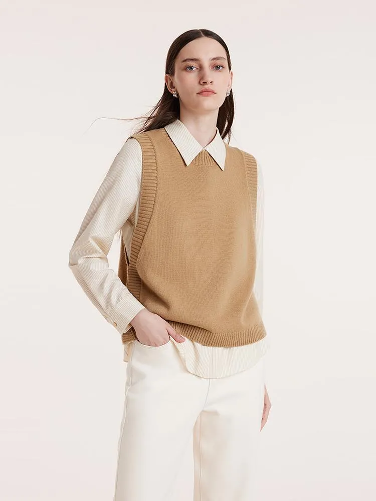 Beige Shirt And Knit Vest Two-Piece Set