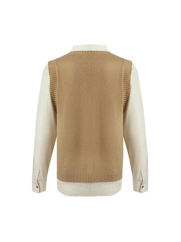 Beige Shirt And Knit Vest Two-Piece Set
