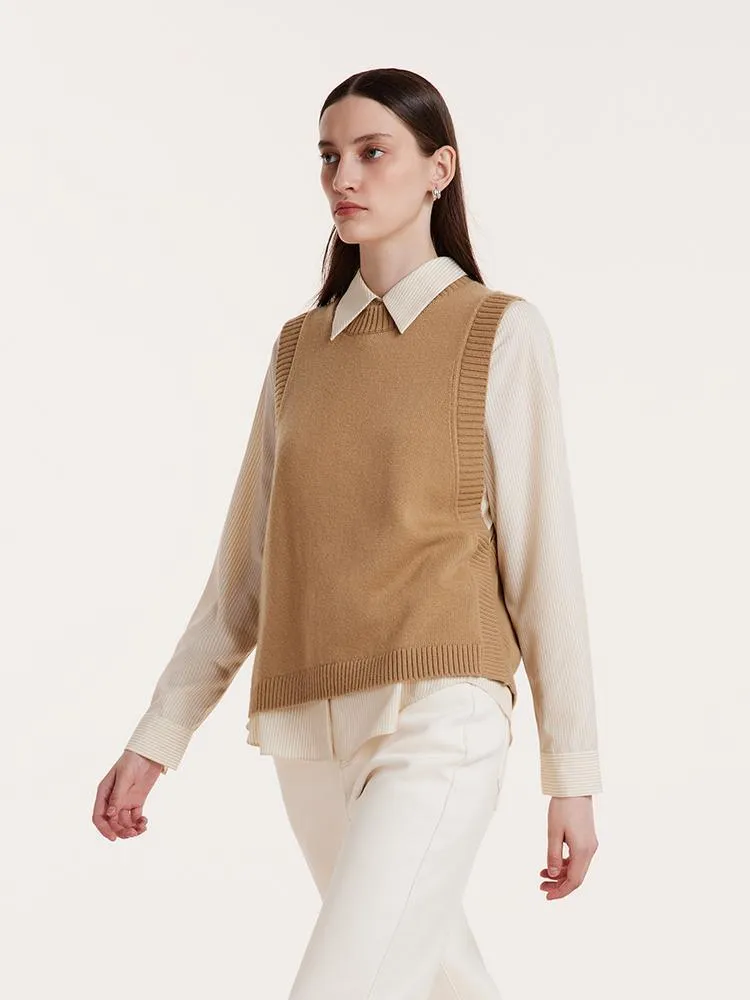 Beige Shirt And Knit Vest Two-Piece Set