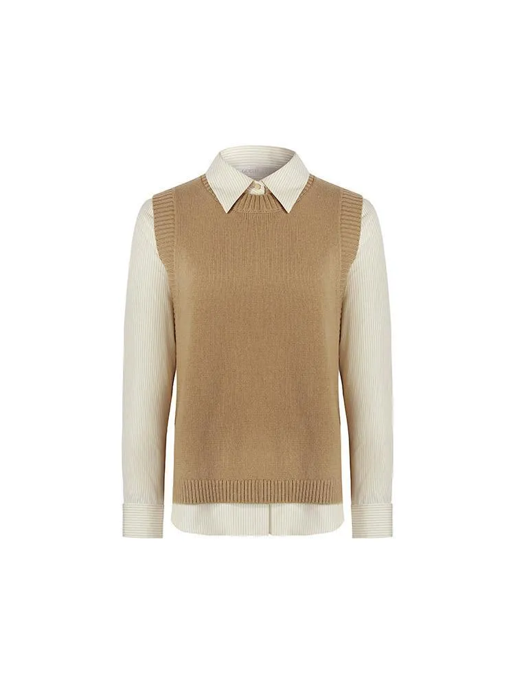 Beige Shirt And Knit Vest Two-Piece Set