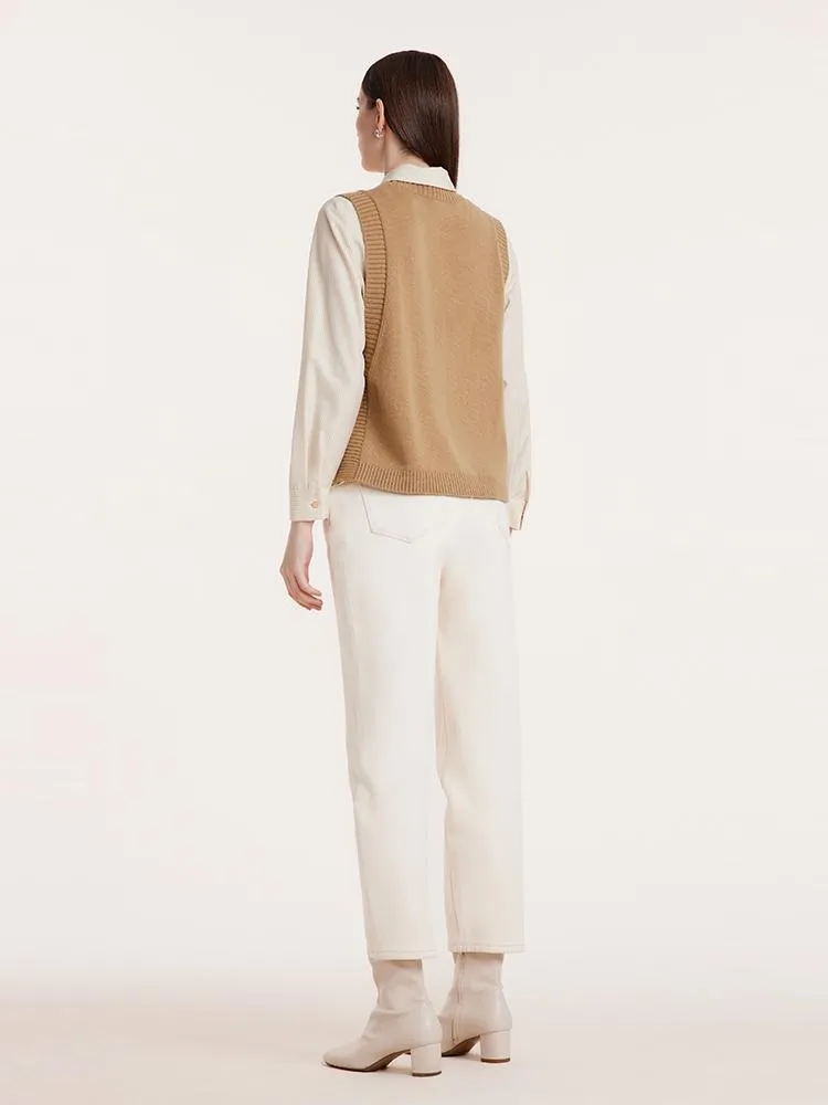 Beige Shirt And Knit Vest Two-Piece Set