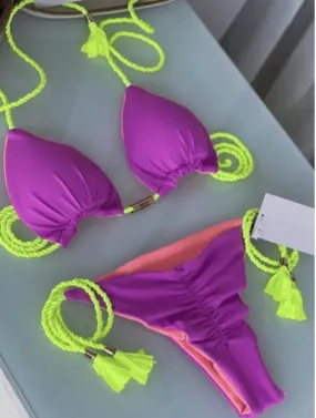 BRAZILIAN PUSH UP BIKINI - LILAC/ NEON YELLOW