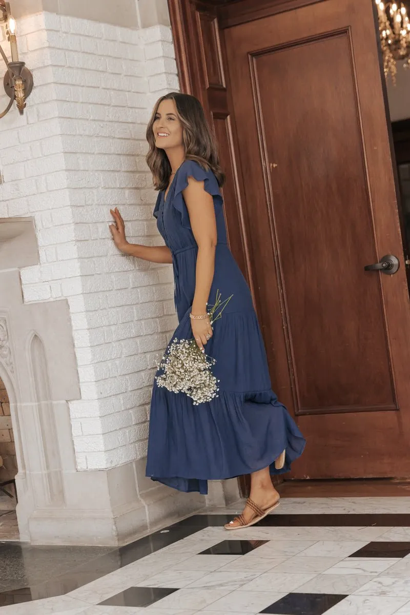 Celine Crochet Lace Tiered Boho Midi Dress - Navy