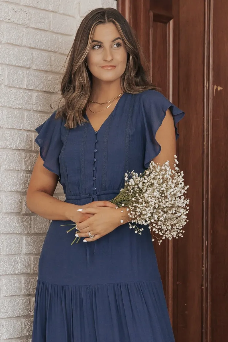 Celine Crochet Lace Tiered Boho Midi Dress - Navy