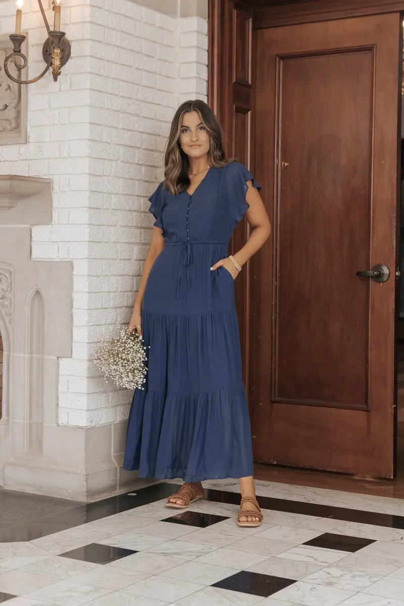 Celine Crochet Lace Tiered Boho Midi Dress - Navy