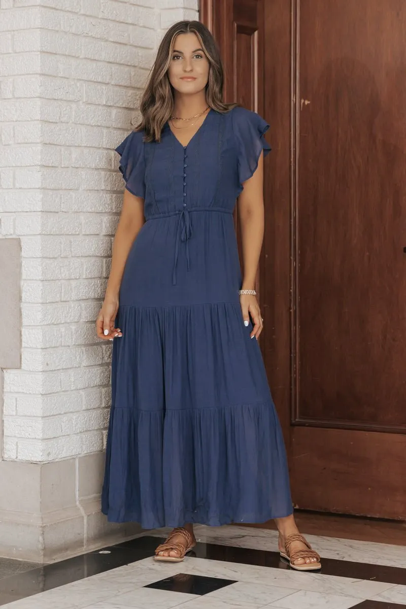 Celine Crochet Lace Tiered Boho Midi Dress - Navy