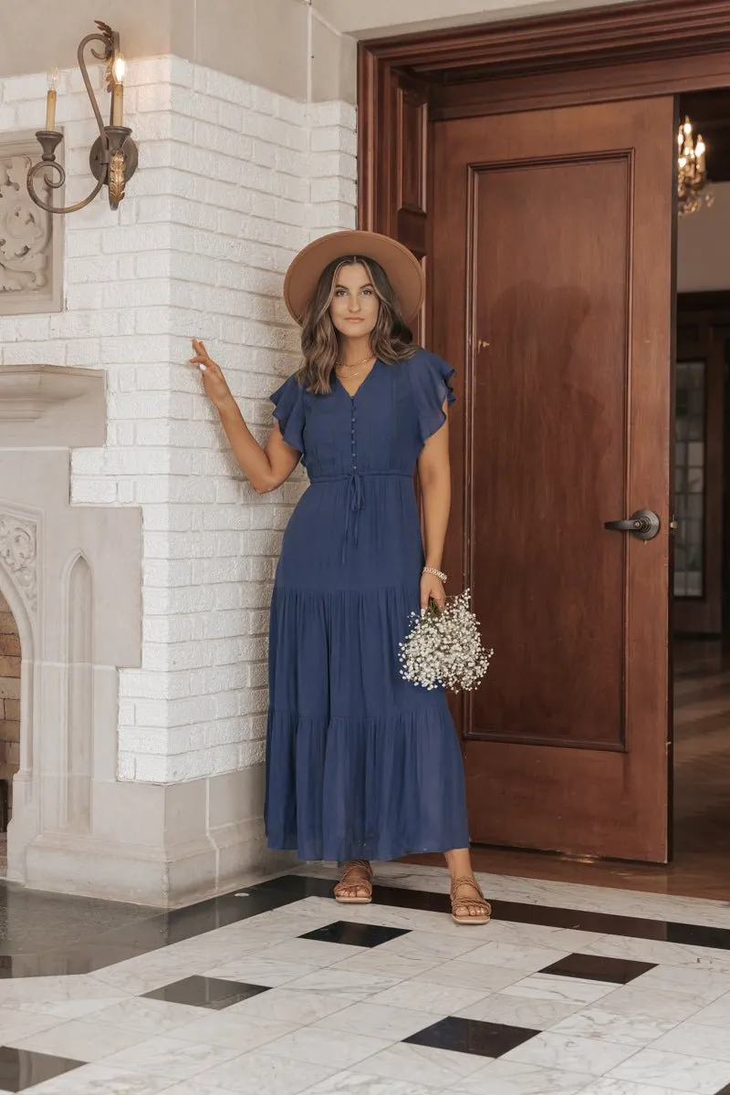 Celine Crochet Lace Tiered Boho Midi Dress - Navy