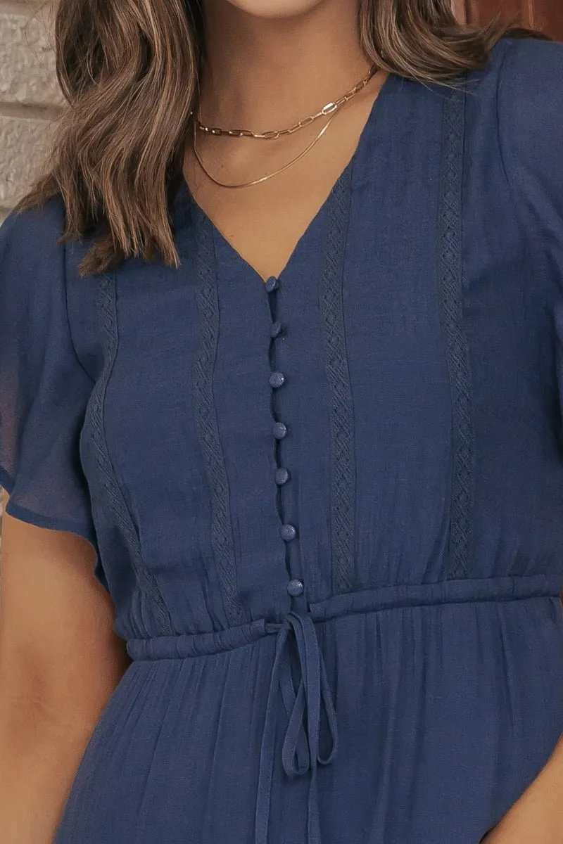 Celine Crochet Lace Tiered Boho Midi Dress - Navy