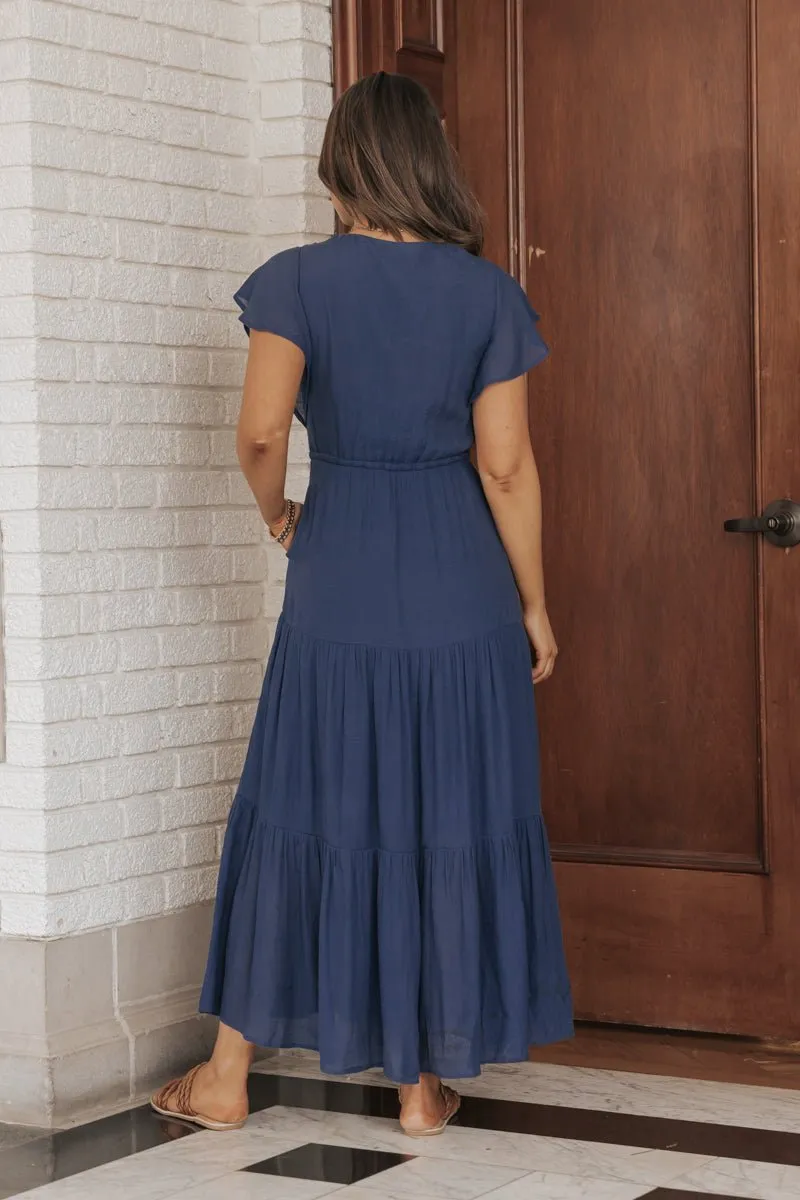 Celine Crochet Lace Tiered Boho Midi Dress - Navy