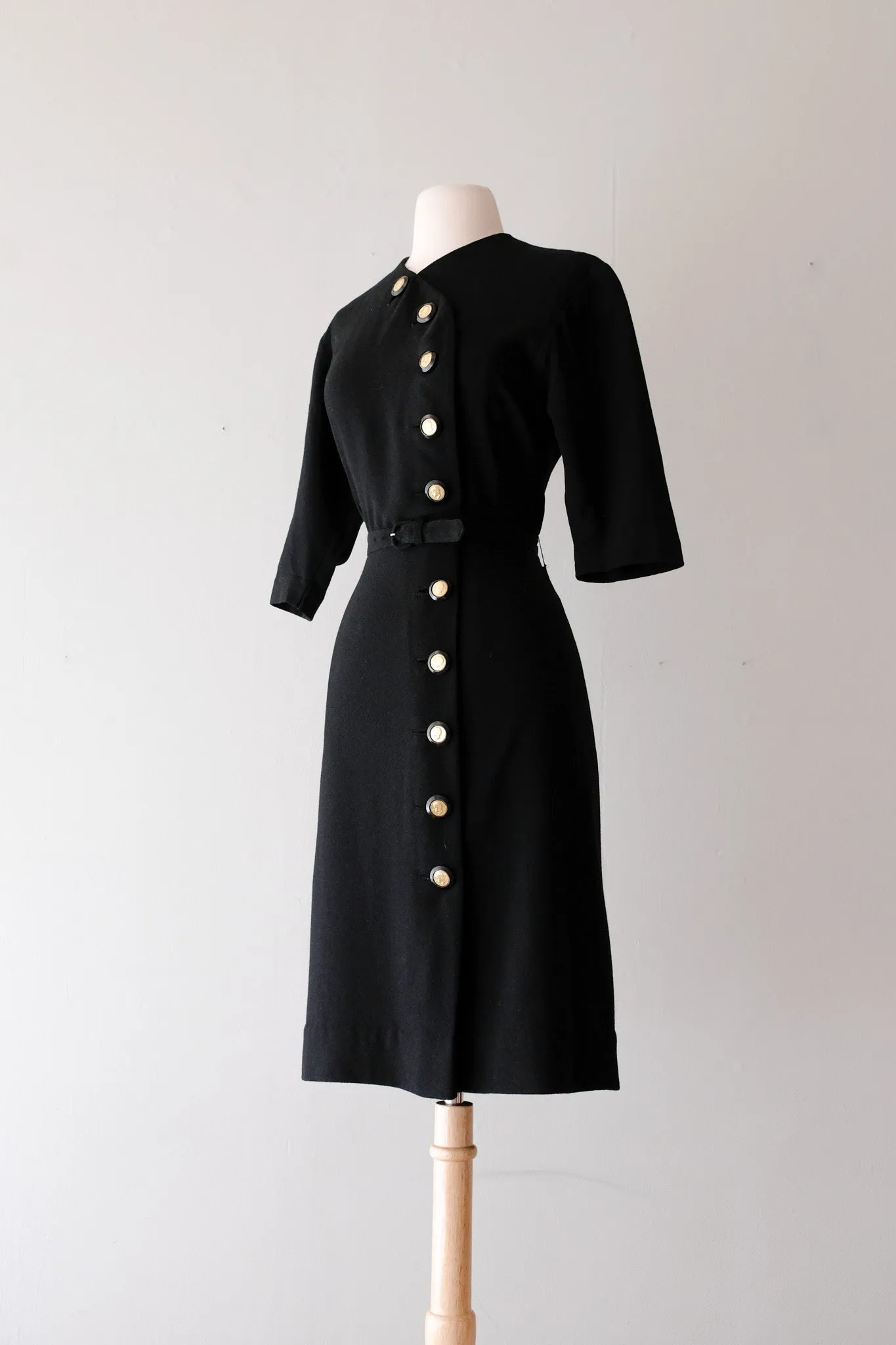 Charming 1940's Wool Crepe Little Black Dress / Sz M