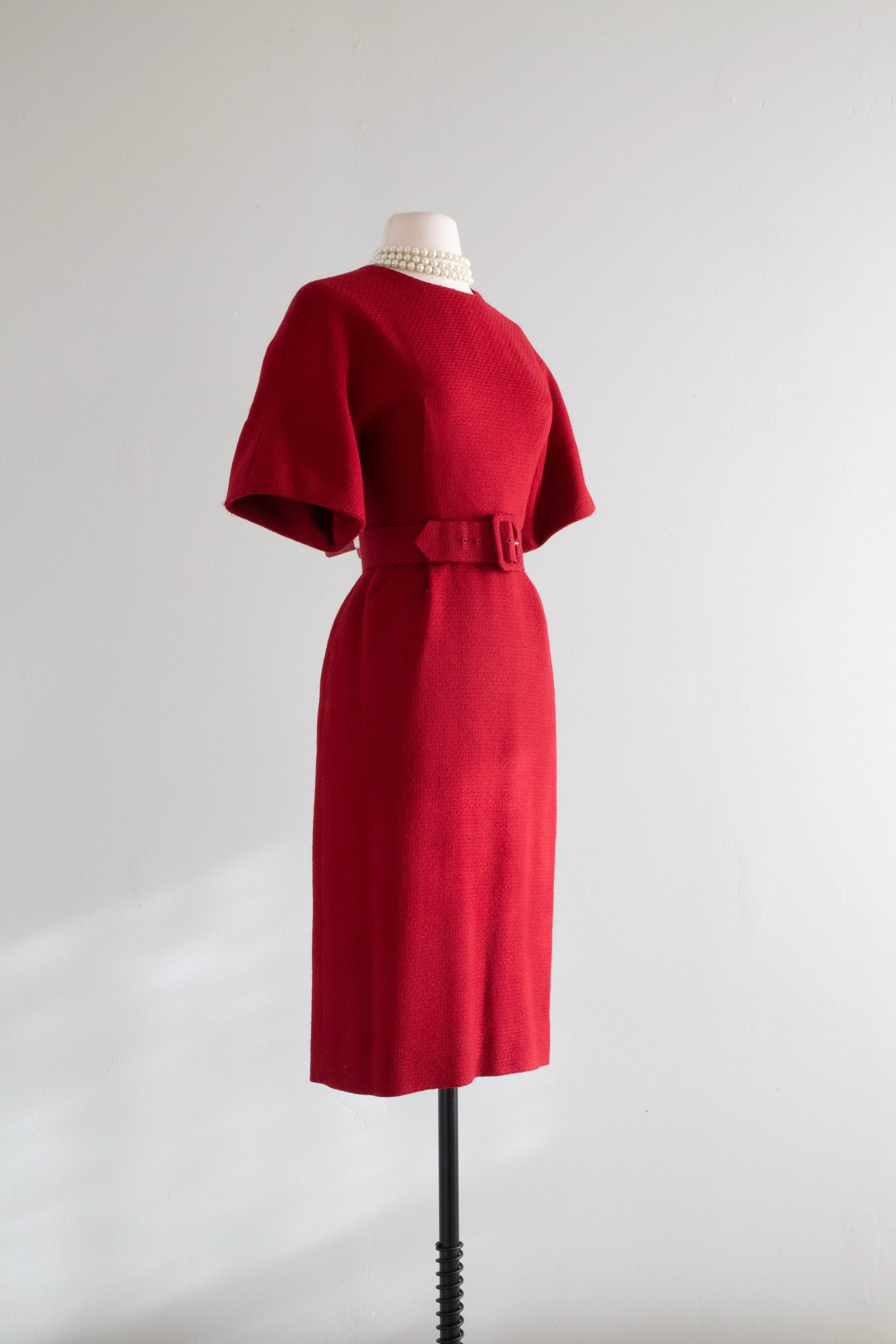 Chic 1950's Crimson Wool Fitted Dress From Lipmans / Small