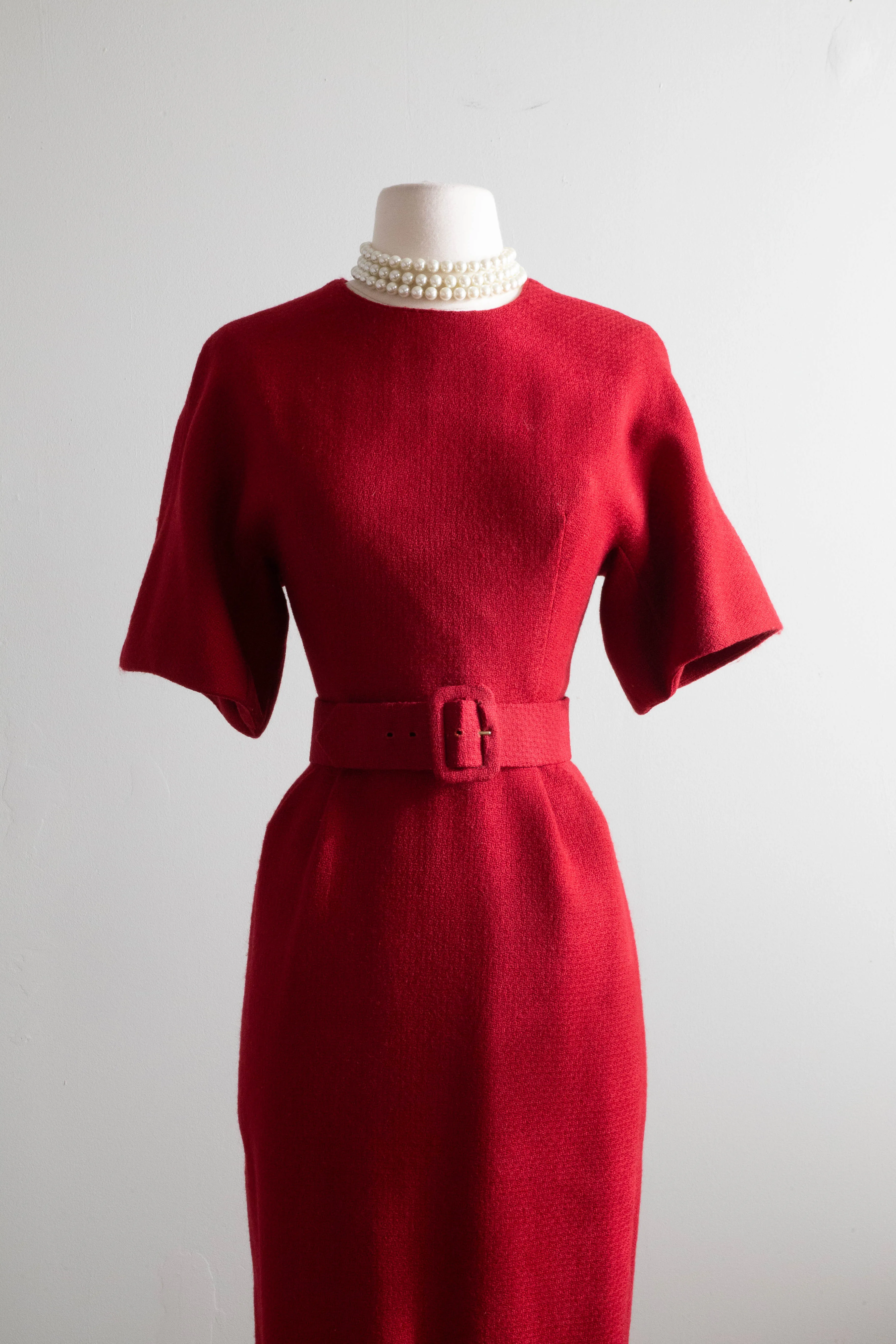 Chic 1950's Crimson Wool Fitted Dress From Lipmans / Small