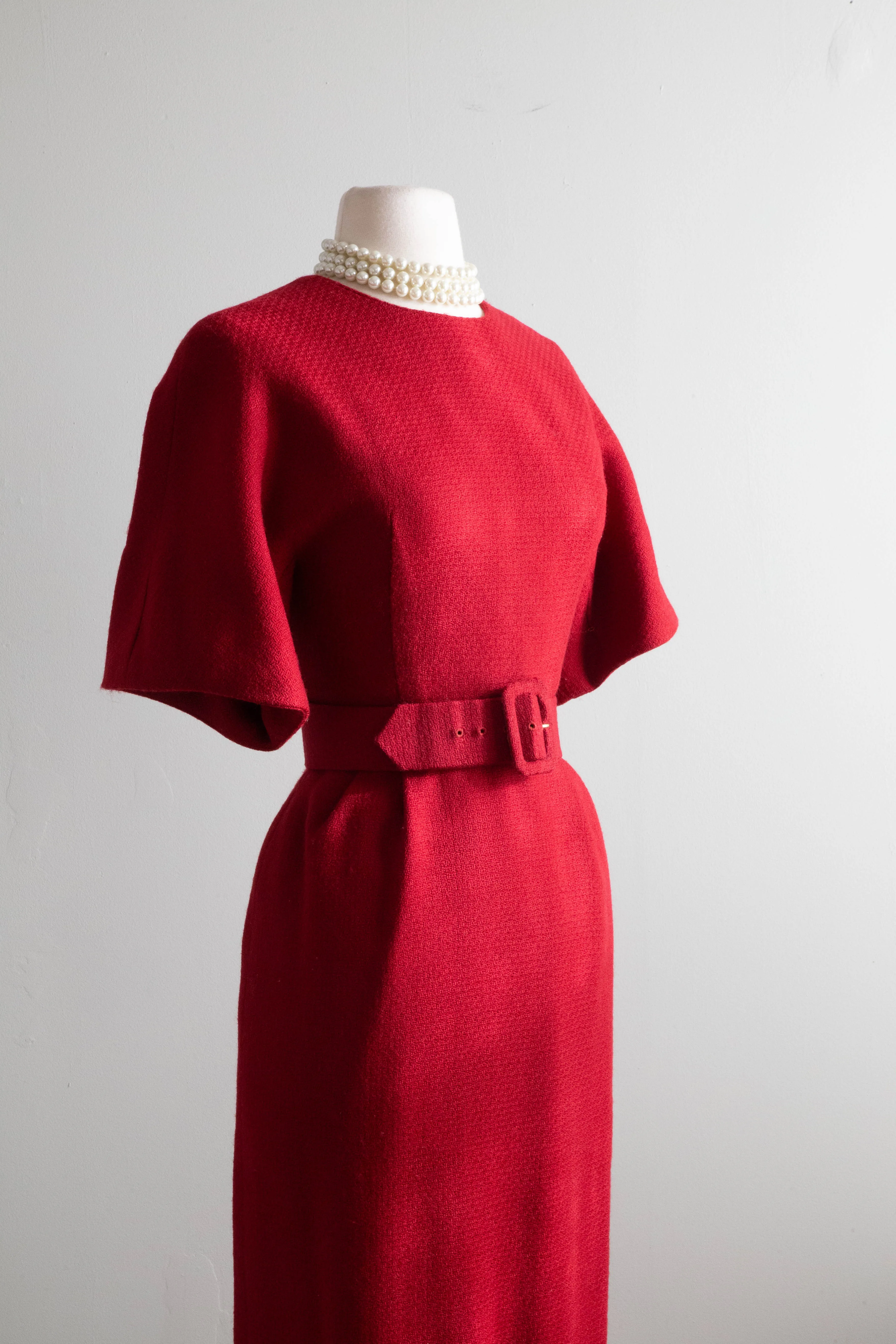 Chic 1950's Crimson Wool Fitted Dress From Lipmans / Small
