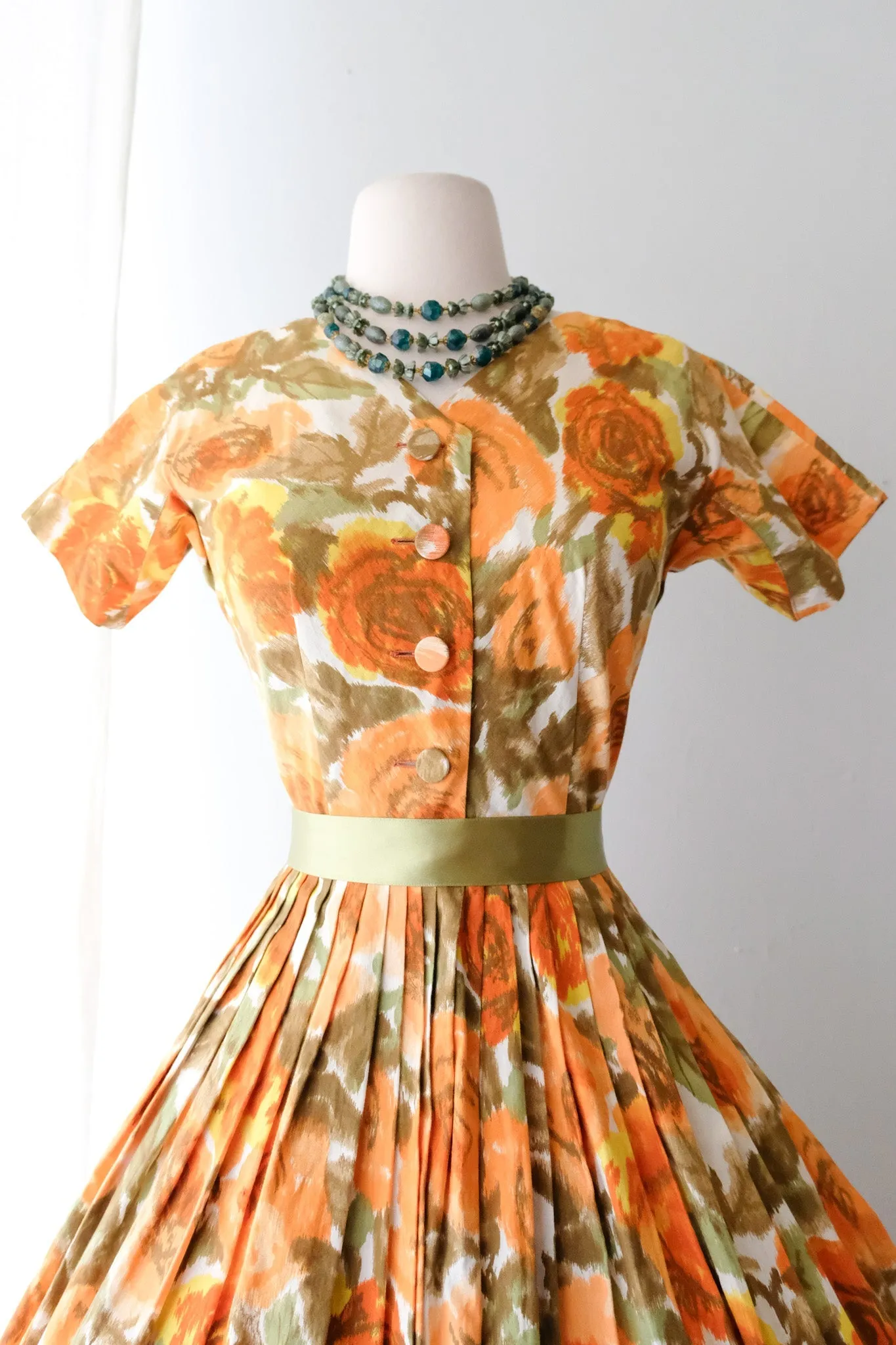 Darling 1950's Orange Rose Nelly Don Shirt Dress / Sz XS