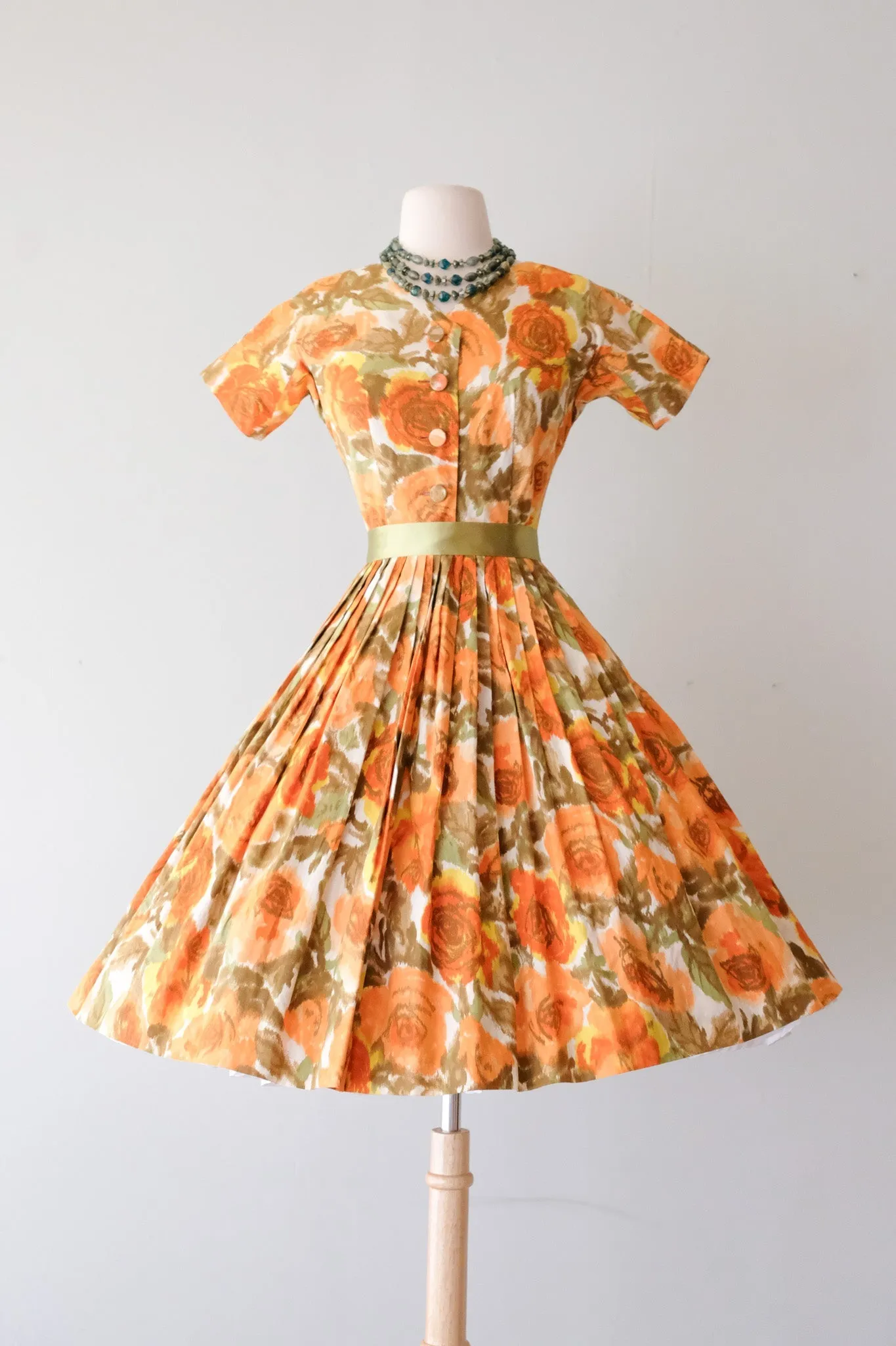 Darling 1950's Orange Rose Nelly Don Shirt Dress / Sz XS