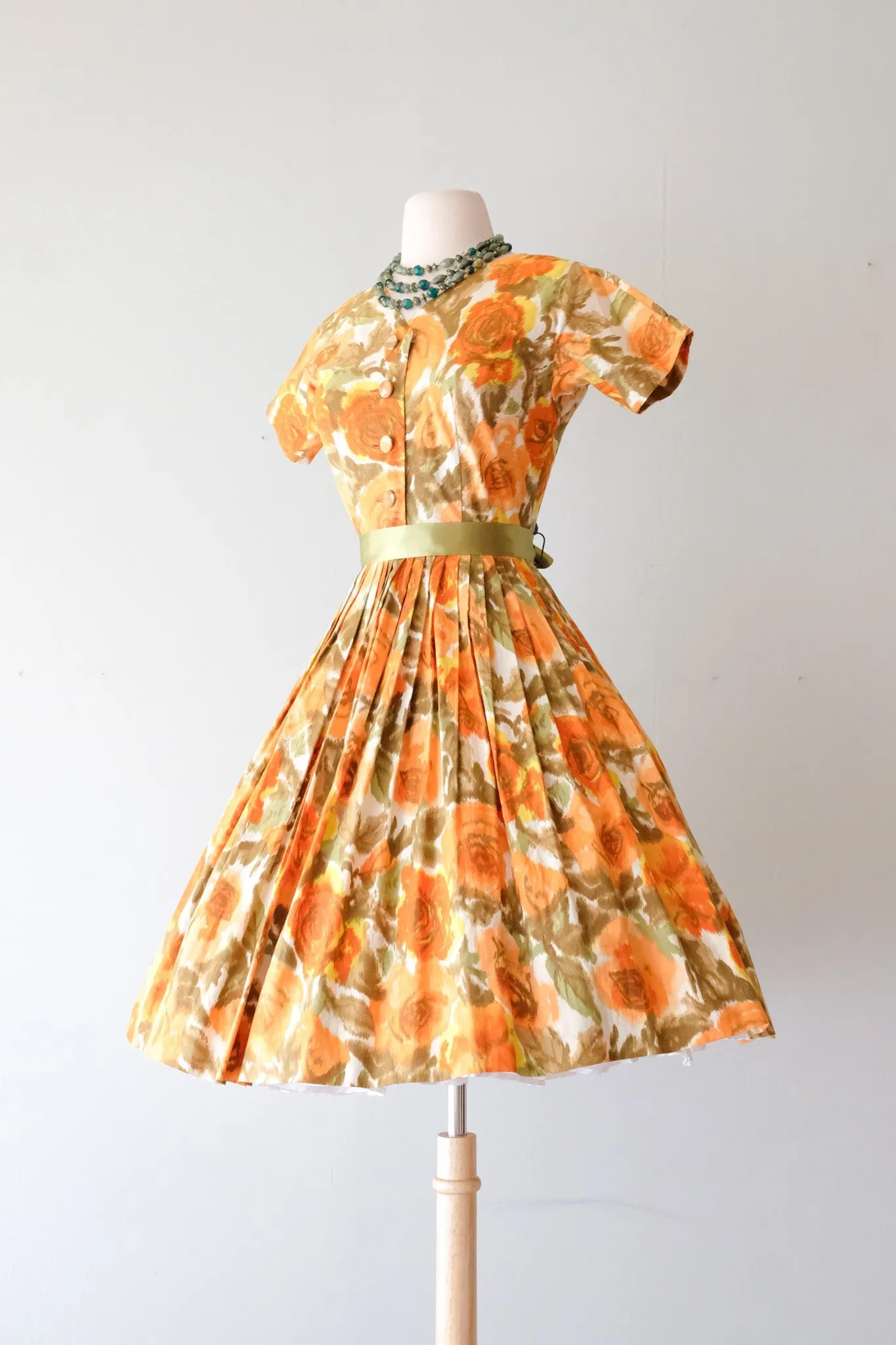 Darling 1950's Orange Rose Nelly Don Shirt Dress / Sz XS