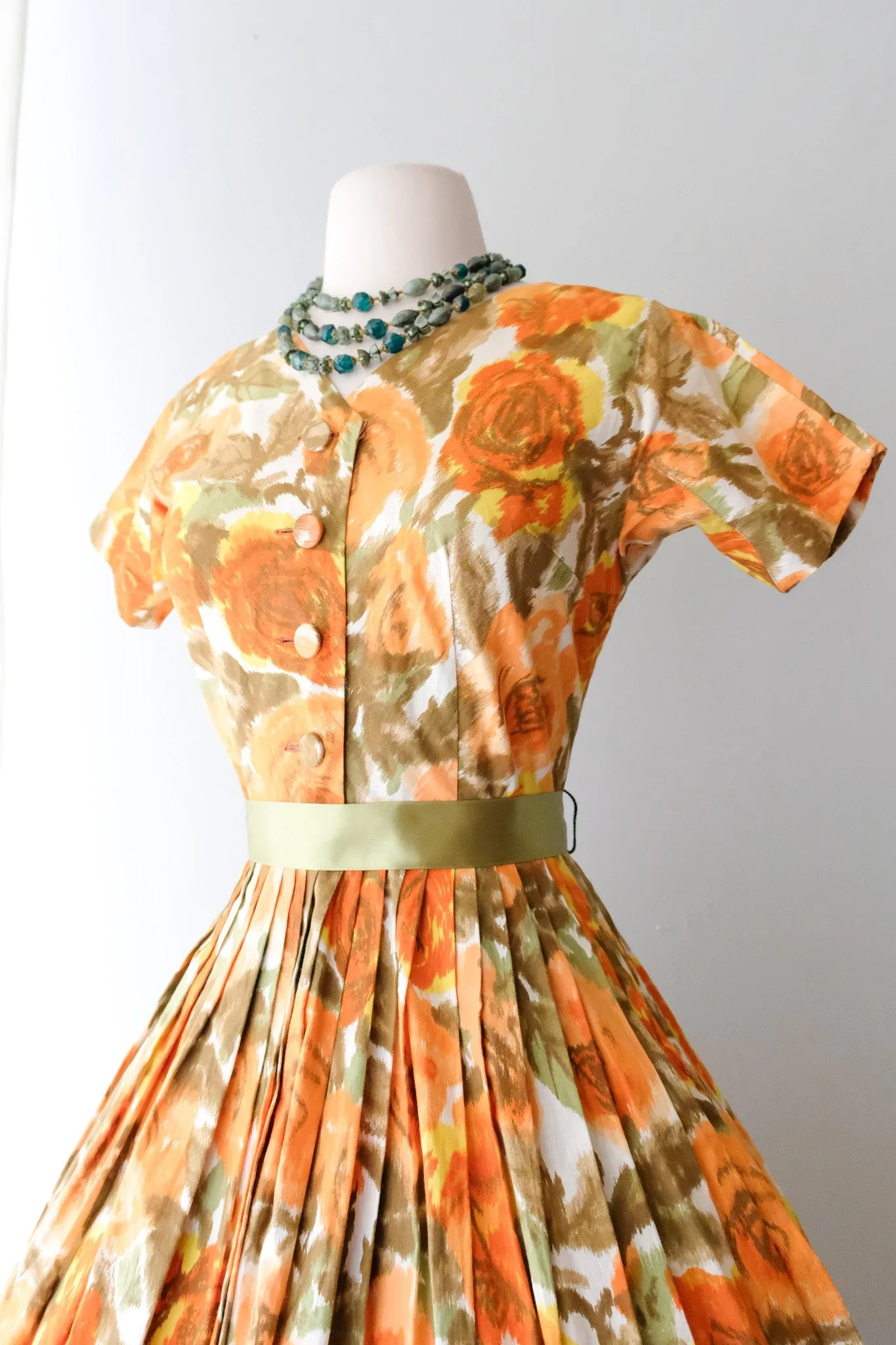 Darling 1950's Orange Rose Nelly Don Shirt Dress / Sz XS