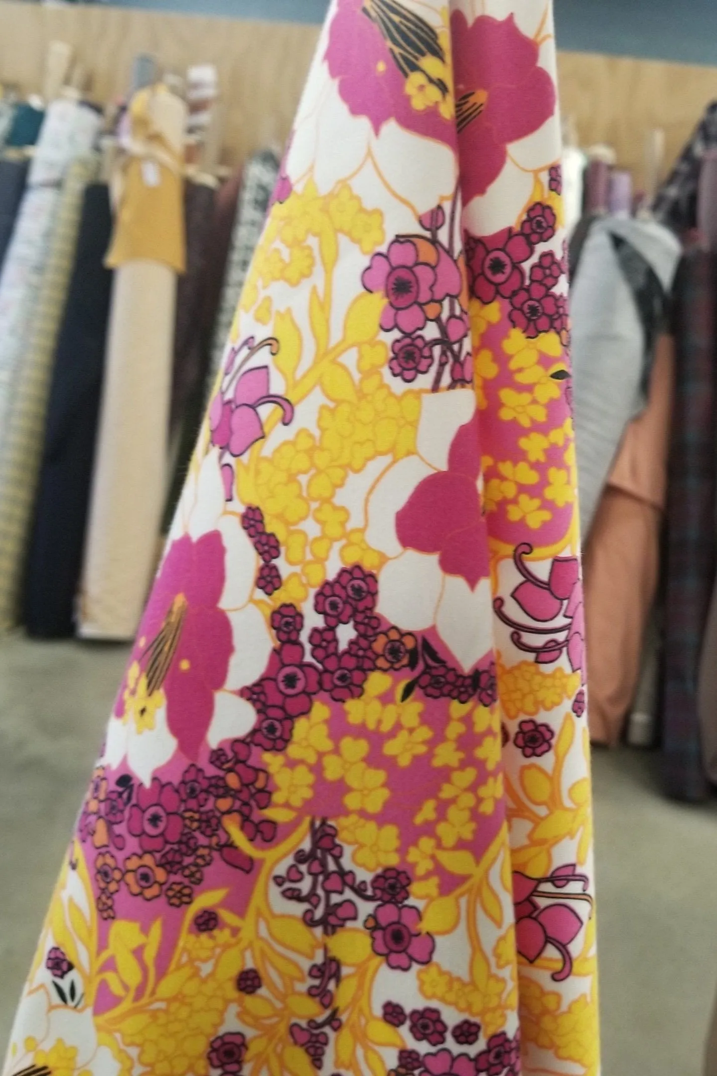 Designer European Deadstock Cotton Spandex Floral Yellow and Fuchsia Stretch White Twill Woven- by the yard