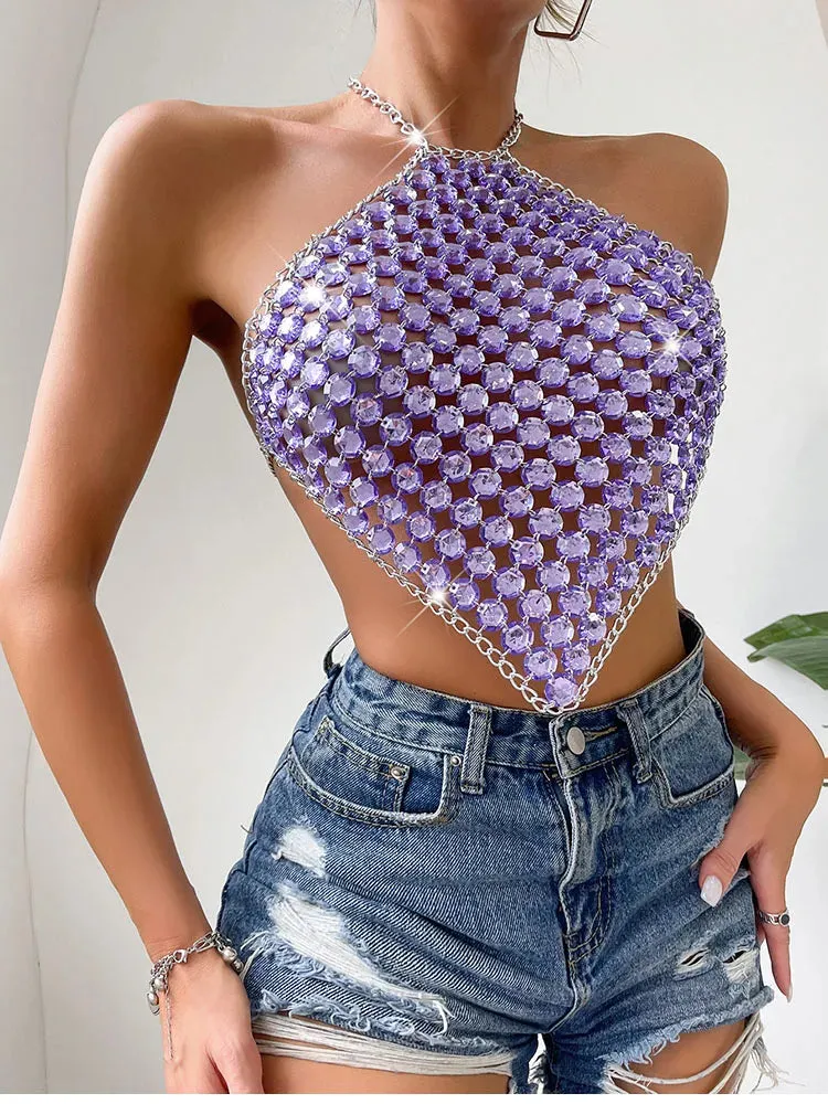 DressBetty - 2024 Purple Metal Chain Halter Rave Tank Top