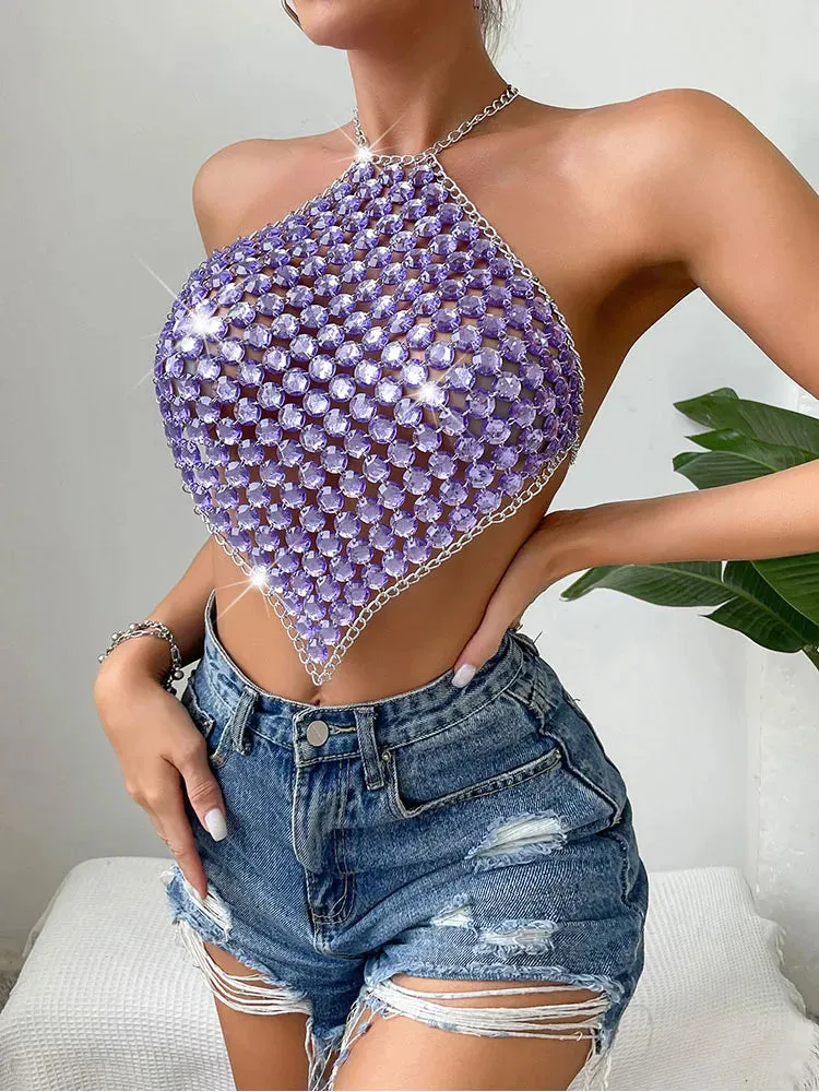 DressBetty - 2024 Purple Metal Chain Halter Rave Tank Top