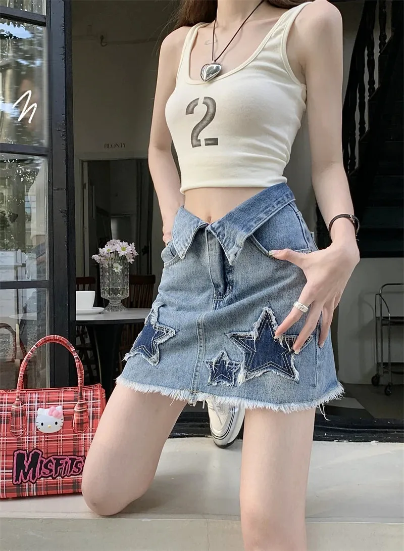 DressBetty - Y2k Star Patch Raw Hem Cuffs A-line Short Skirt
