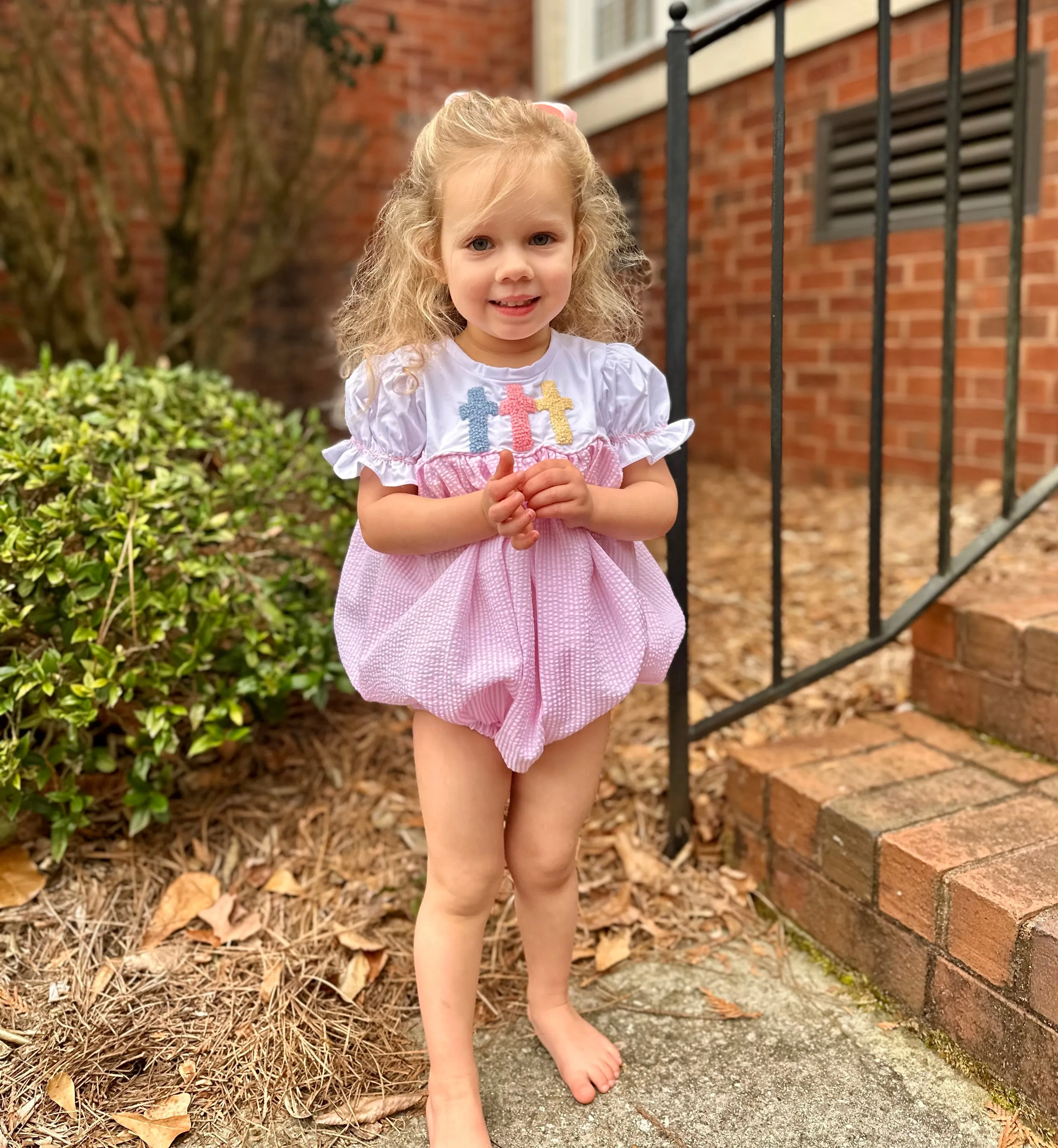 Easter Cross Romper - French Knot Crosses in Pink Seersucker