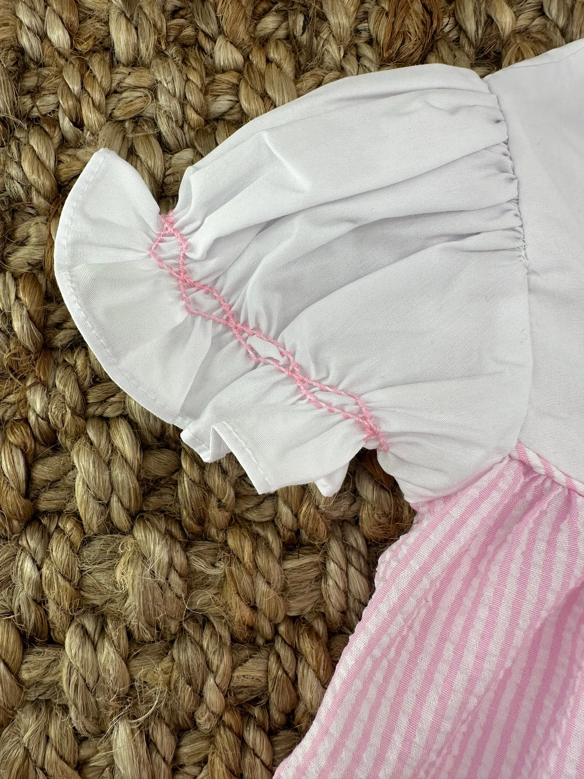 Easter Cross Romper - French Knot Crosses in Pink Seersucker