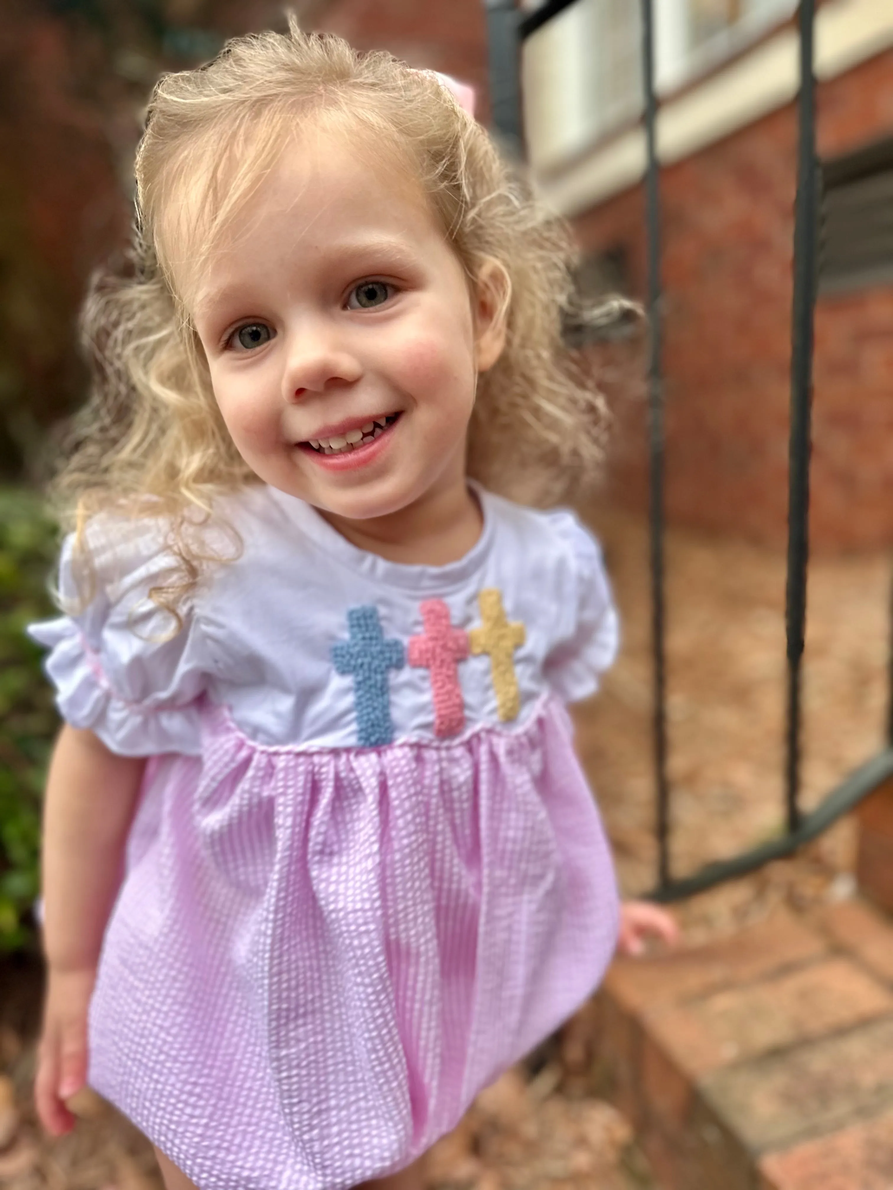 Easter Cross Romper - French Knot Crosses in Pink Seersucker
