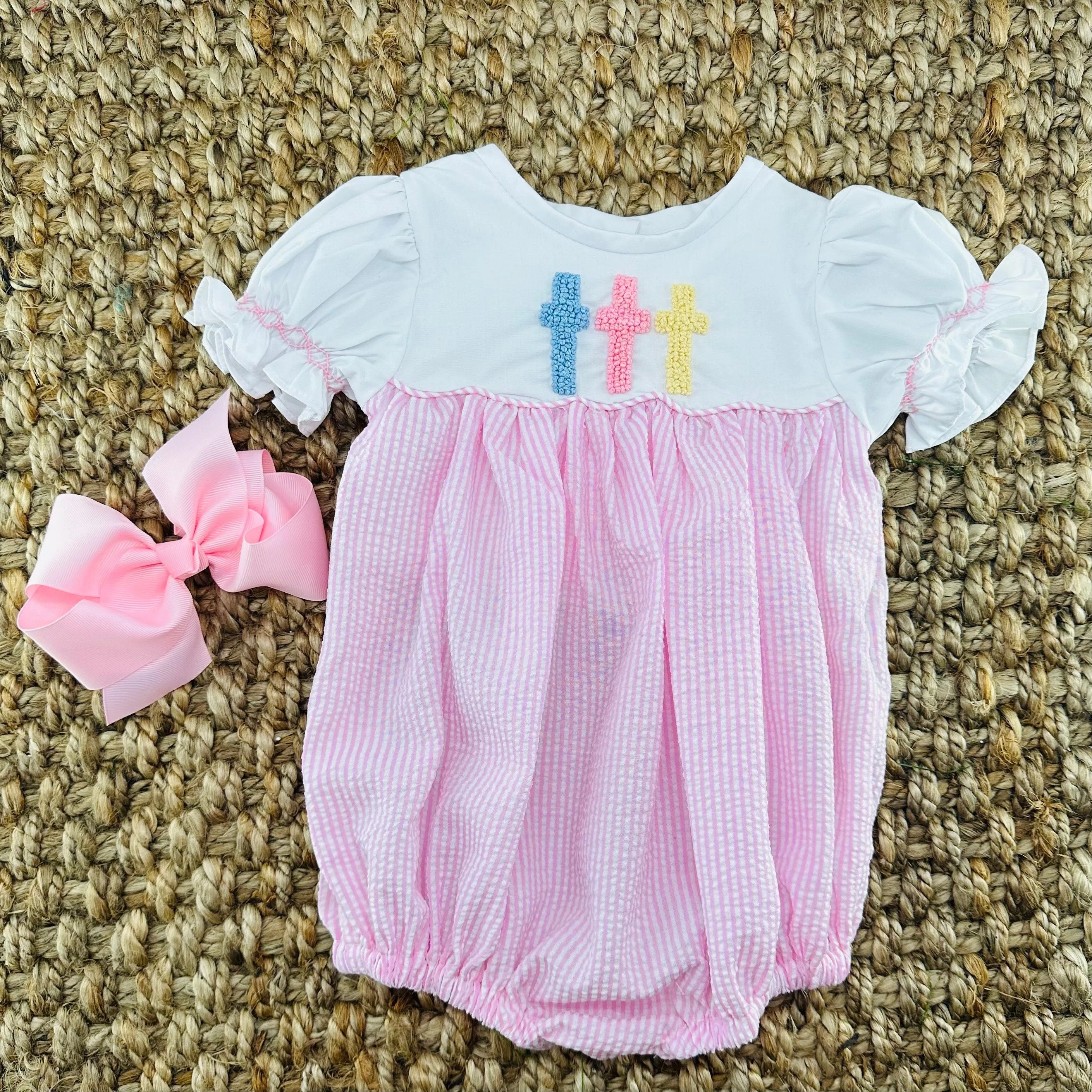 Easter Cross Romper - French Knot Crosses in Pink Seersucker