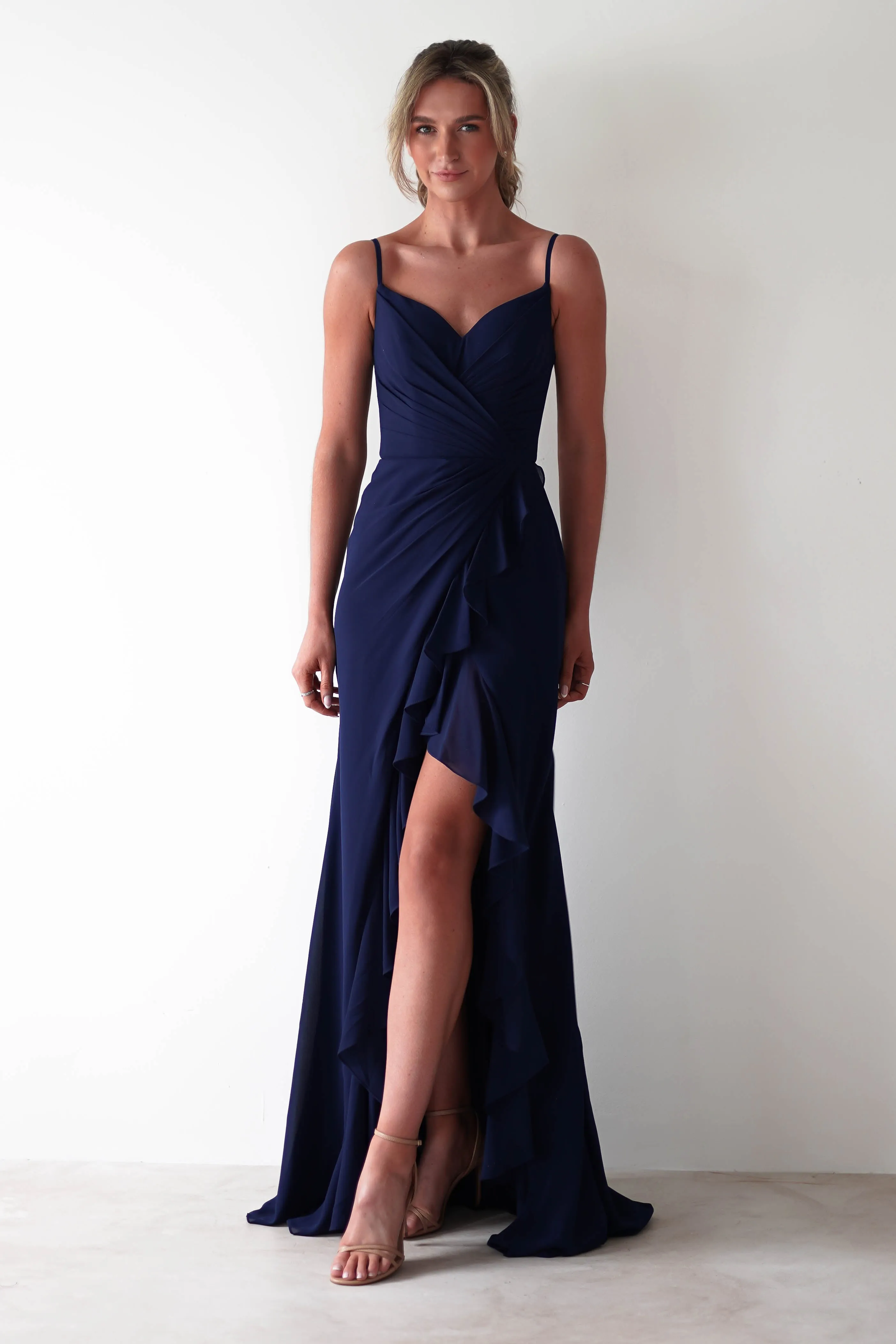 Kendra Ruffle Chiffon Maxi Dress | Navy