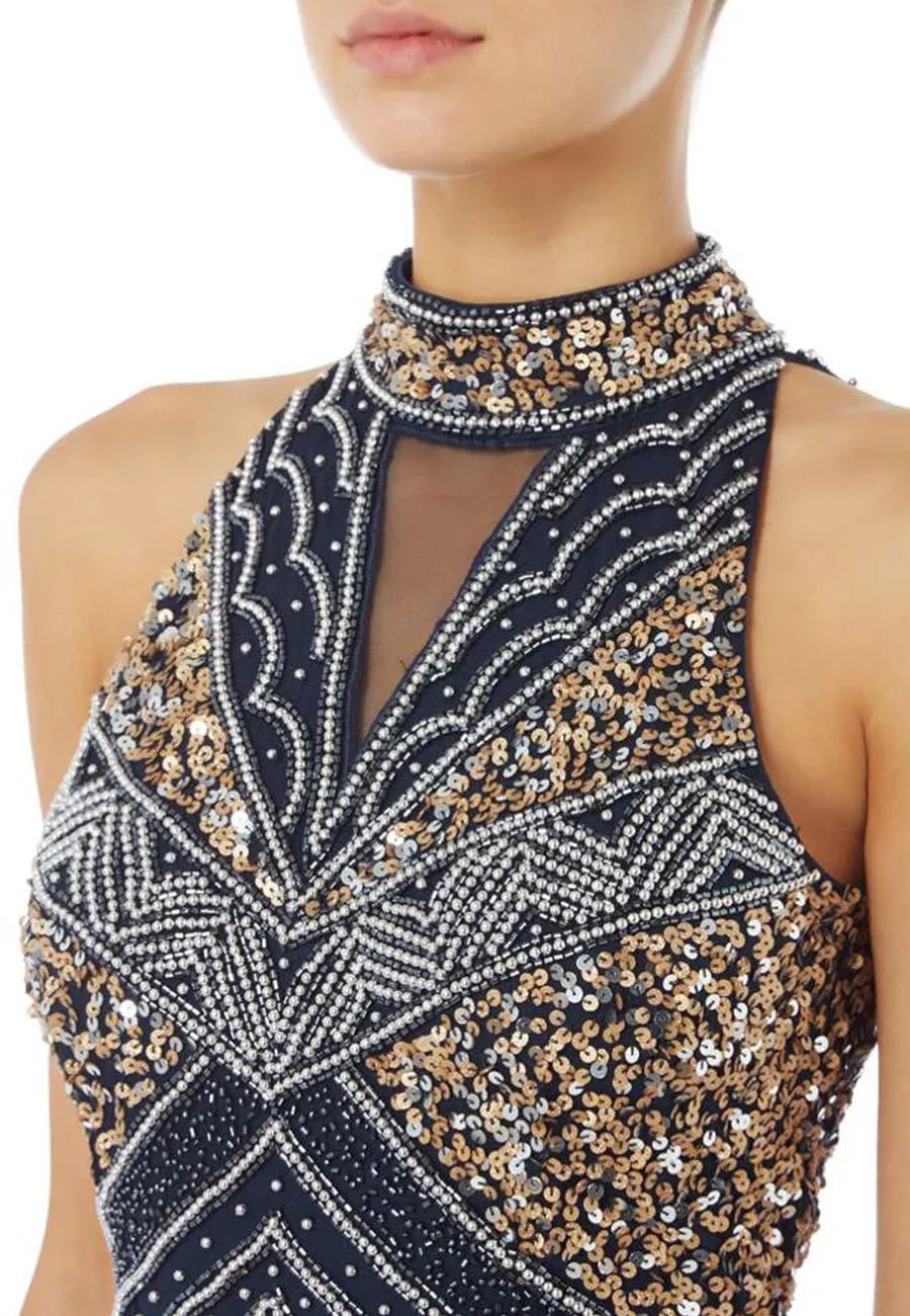 Navy And Gold Sequins Halter Neck Gown