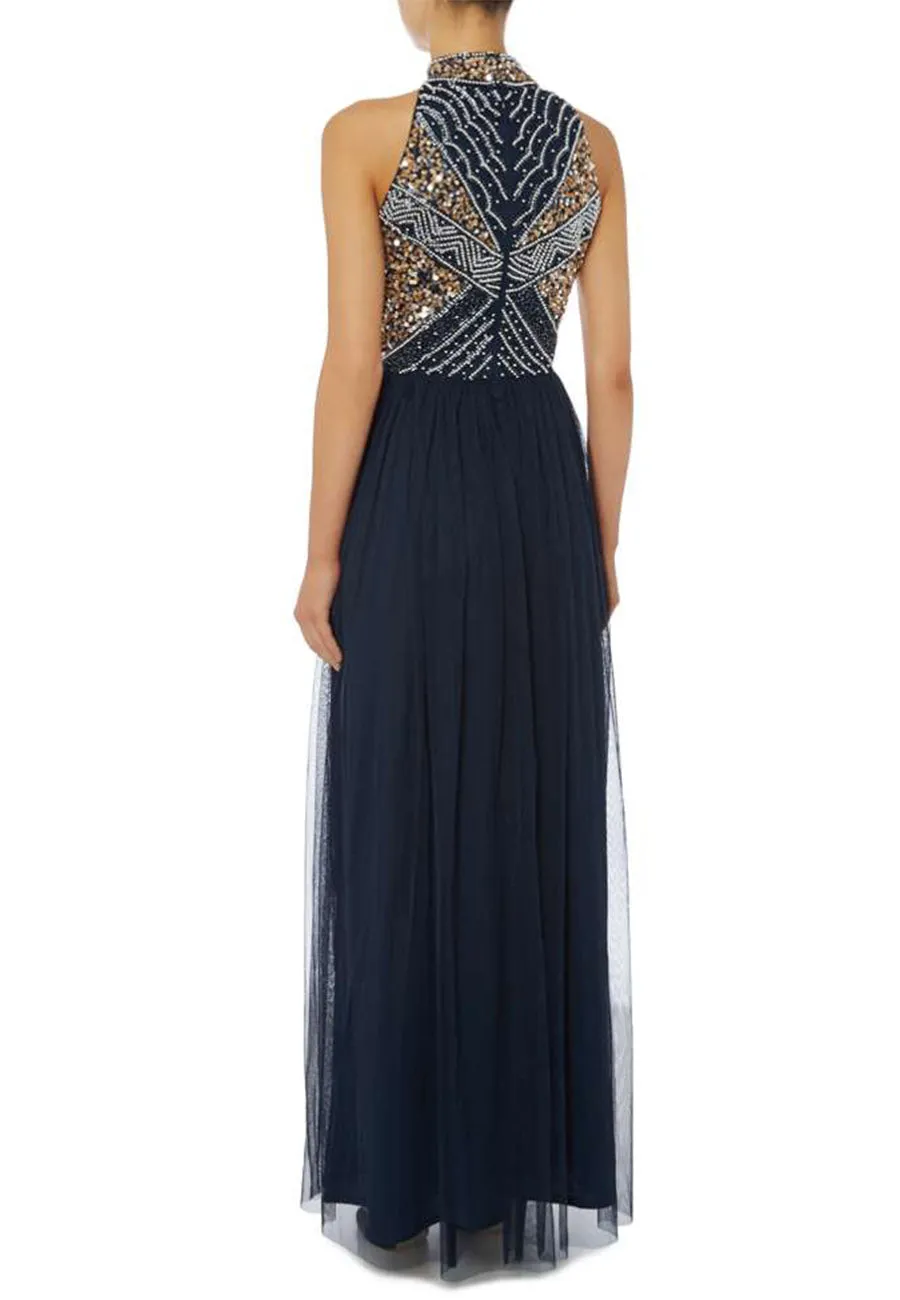 Navy And Gold Sequins Halter Neck Gown